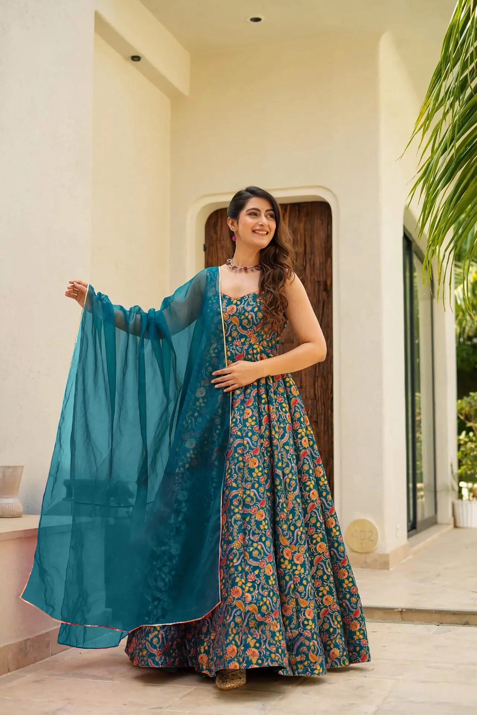 Sonakshi Women's Rama Silk Digital Print Full Round Flair Anarkali Gown Set With Dupatta