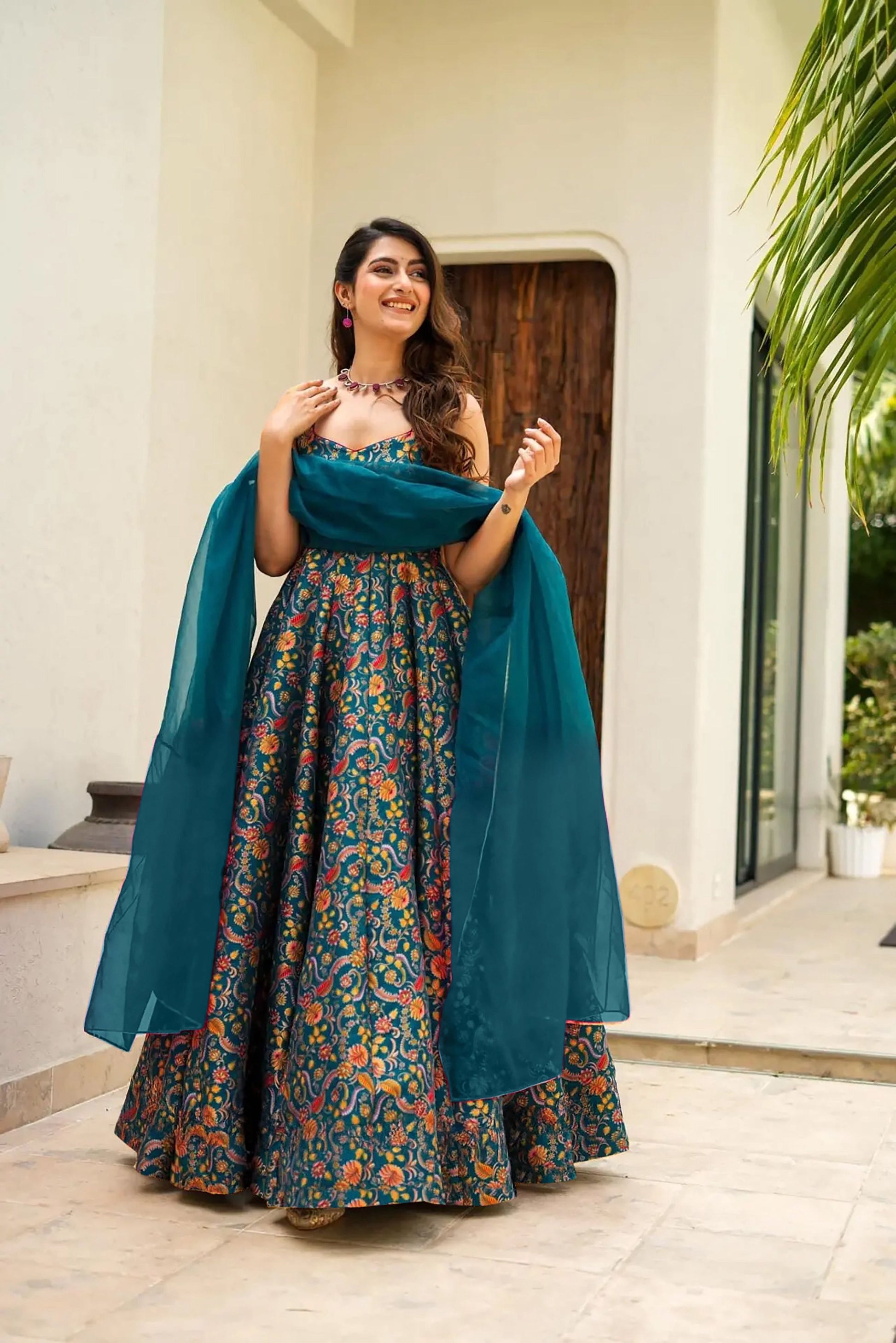 Sonakshi Women's Rama Silk Digital Print Full Round Flair Anarkali Gown Set With Dupatta