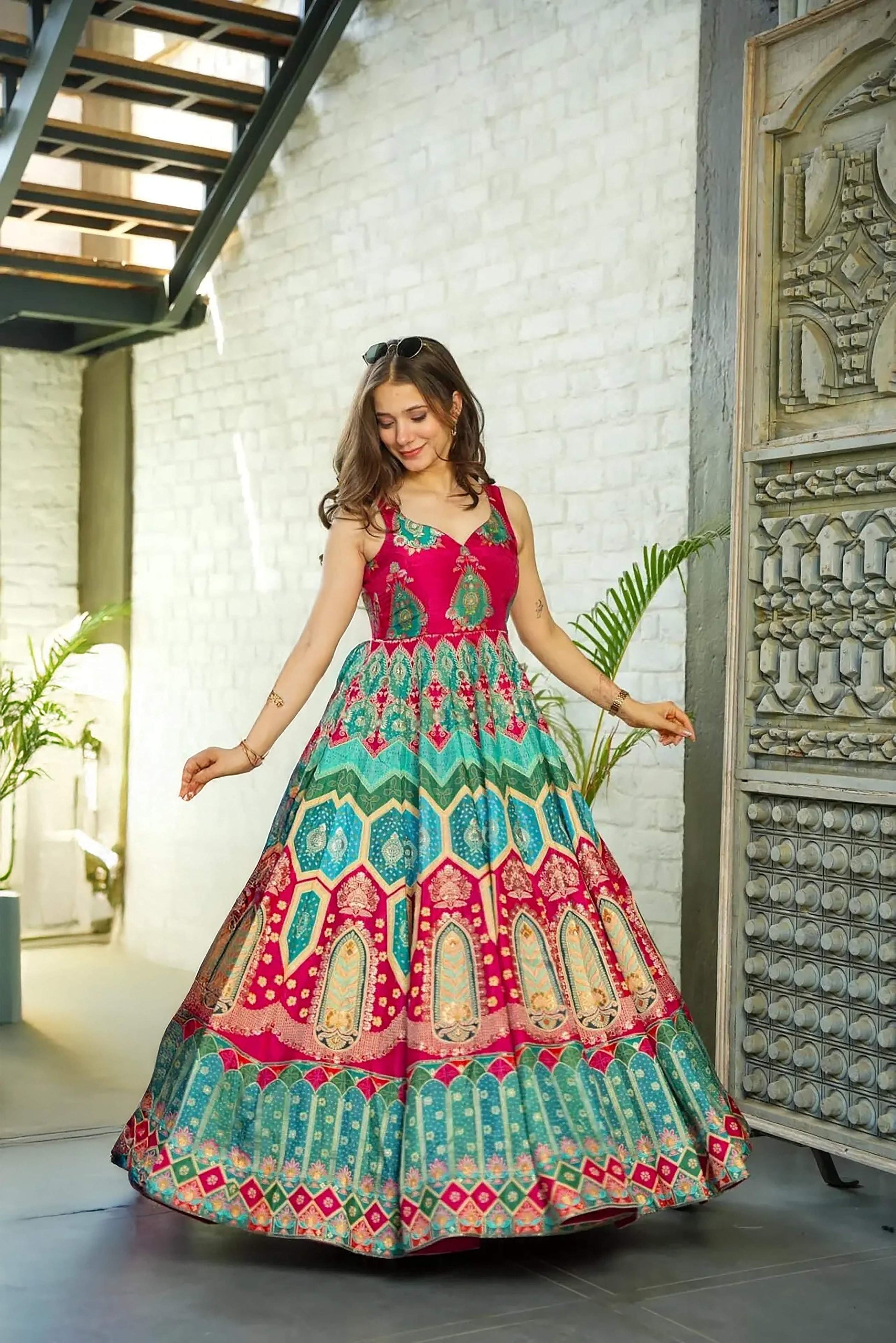 Sonakshi Women's Rani Silk Digital Print Full Round Flair Anarkali Gown Set With Dupatta