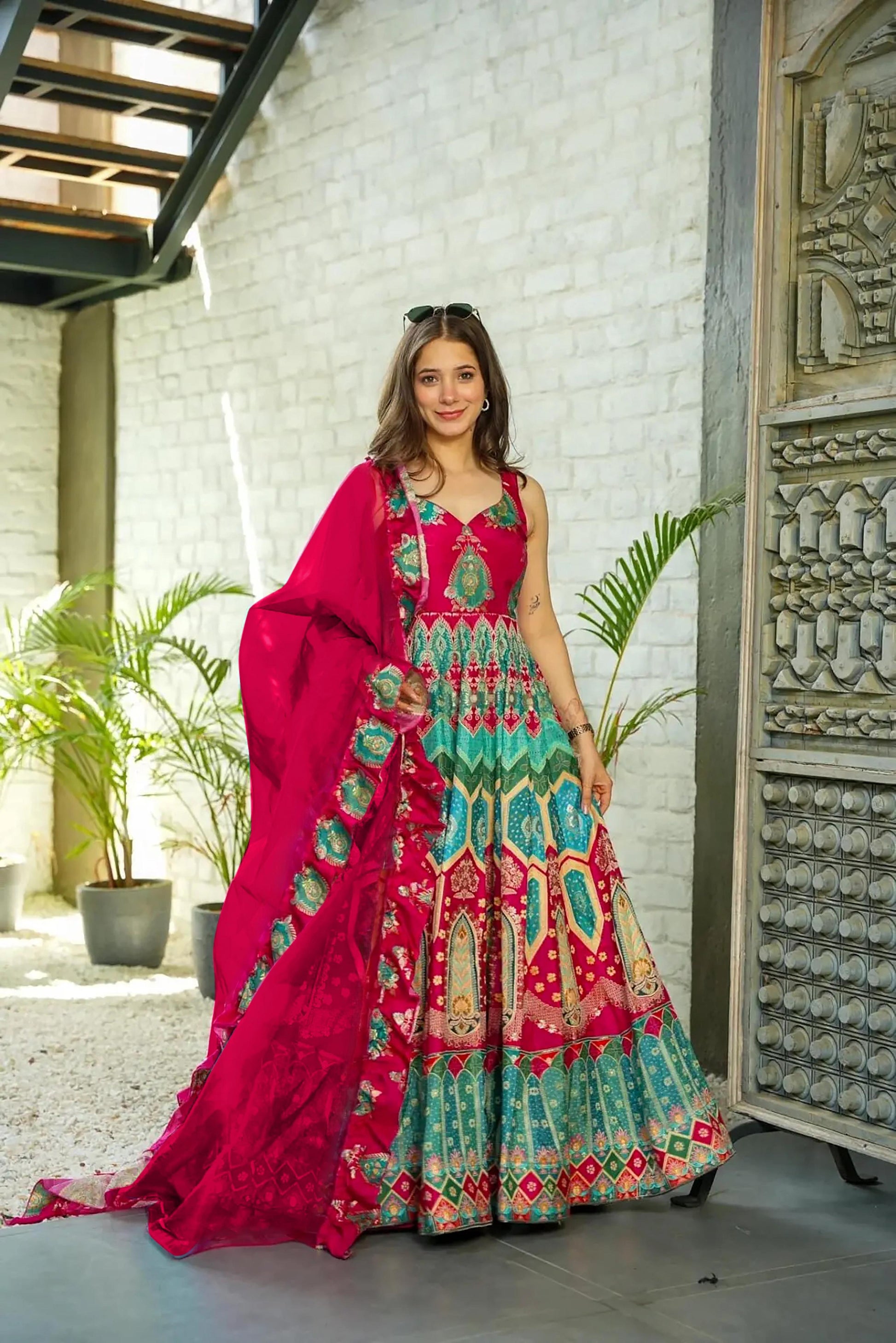 Sonakshi Women's Rani Silk Digital Print Full Round Flair Anarkali Gown Set With Dupatta