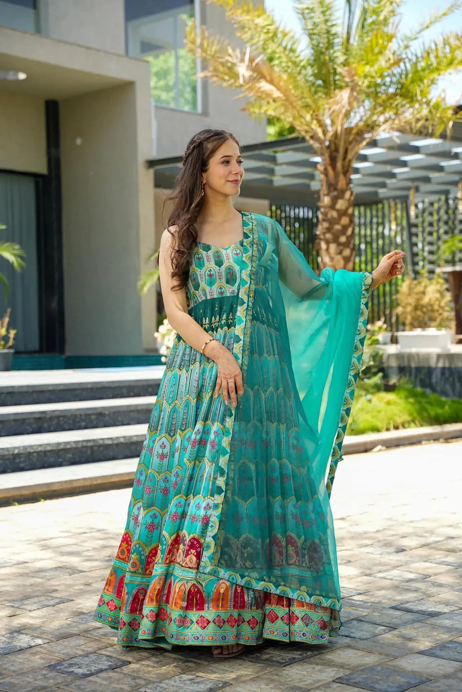 Sonakshi Women's Seagreen Silk Digital Print Full Round Flair Anarkali Gown Set With Dupatta