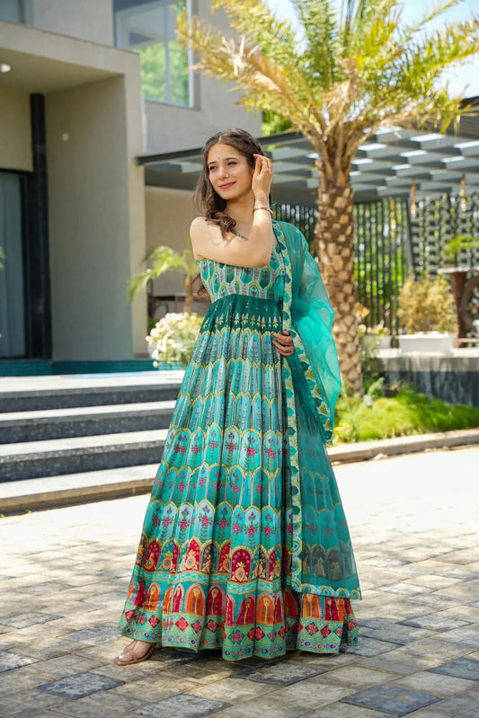 Sonakshi Women's Seagreen Silk Digital Print Full Round Flair Anarkali Gown Set With Dupatta