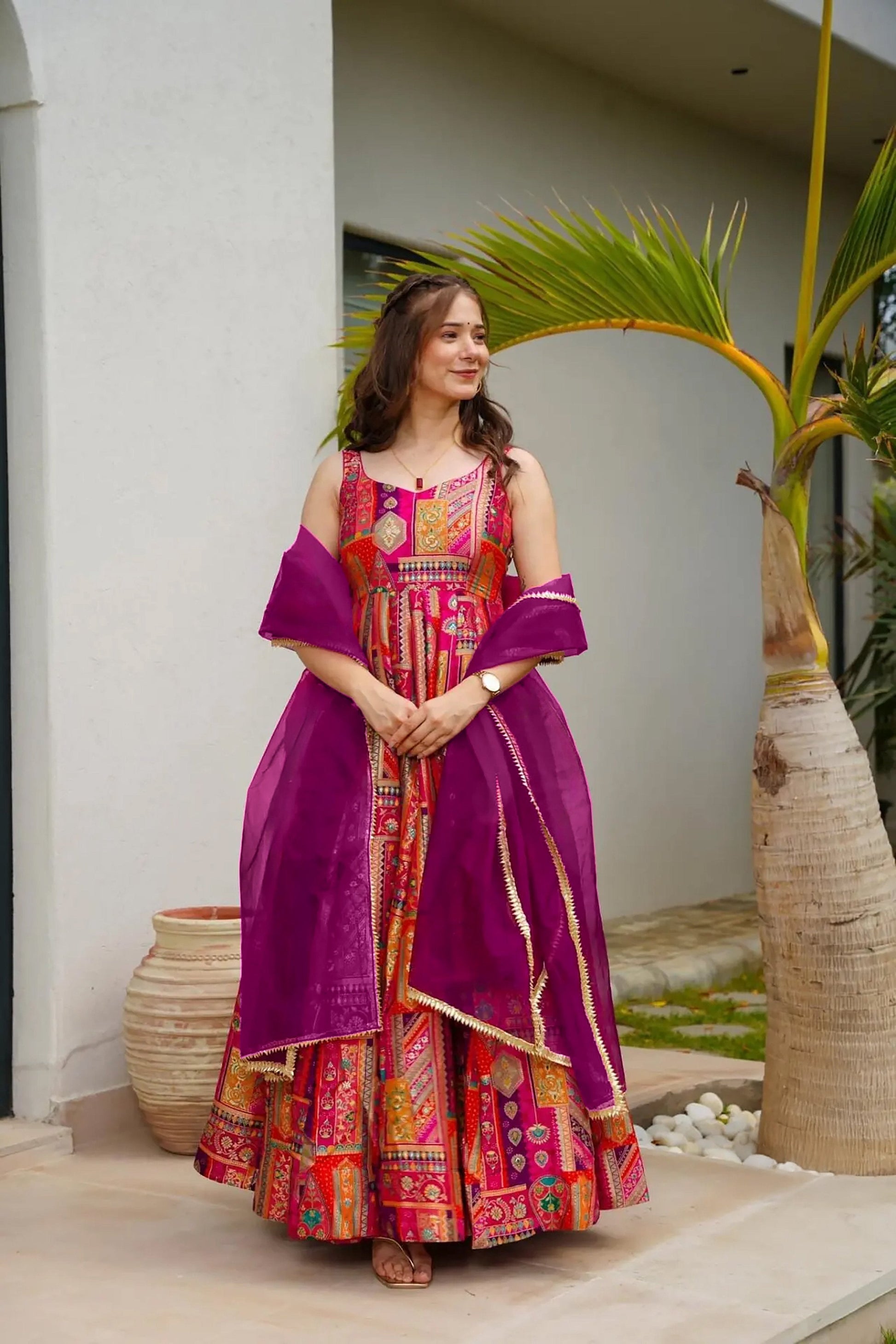 Sonakshi Women's Multicolor Silk Digital Print Full Round Flair Anarkali Gown Set With Dupatta