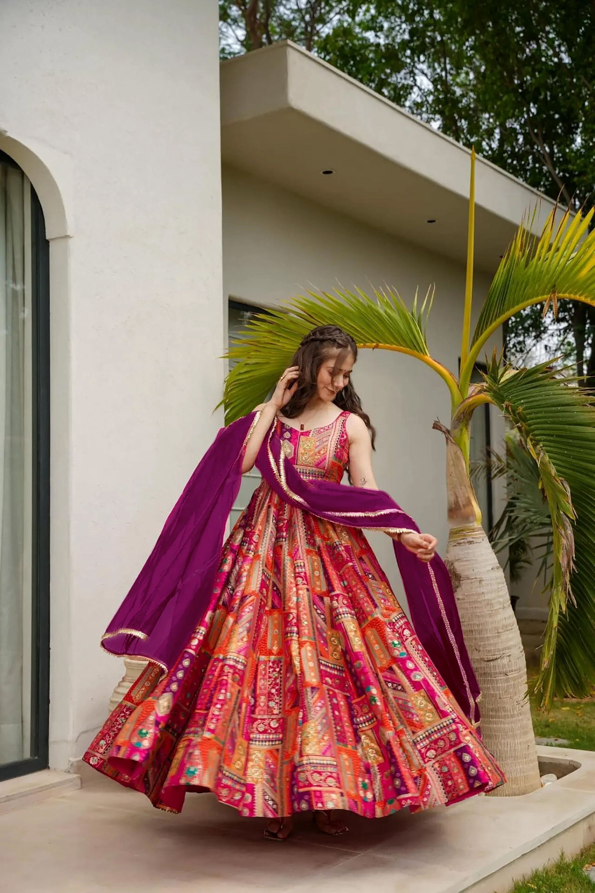 Sonakshi Women's Multicolor Silk Digital Print Full Round Flair Anarkali Gown Set With Dupatta