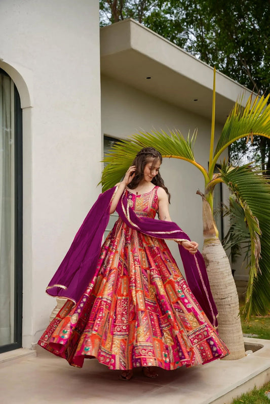 Sonakshi Women's Multicolor Silk Digital Print Full Round Flair Anarkali Gown Set With Dupatta