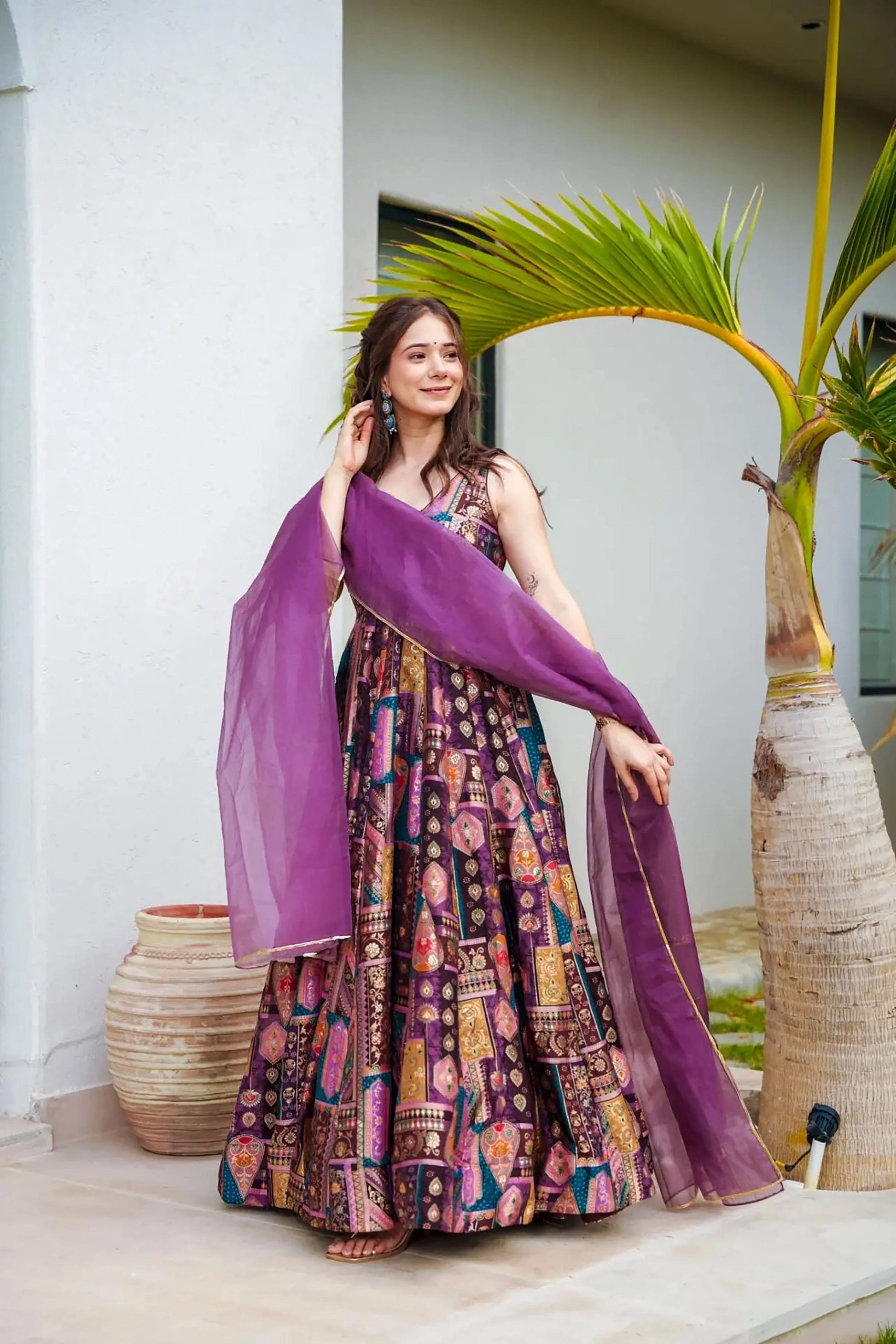 Sonakshi Women's Multicolor Silk Digital Print Full Round Flair Anarkali Gown Set With Dupatta