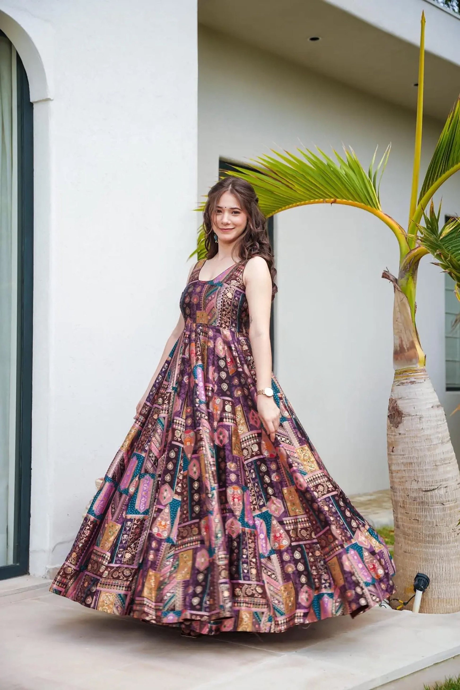 Sonakshi Women's Multicolor Silk Digital Print Full Round Flair Anarkali Gown Set With Dupatta