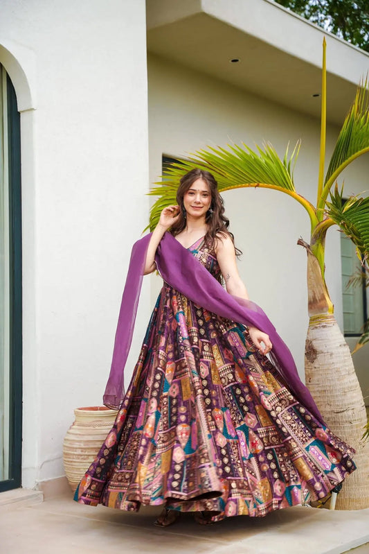 Sonakshi Women's Multicolor Silk Digital Print Full Round Flair Anarkali Gown Set With Dupatta