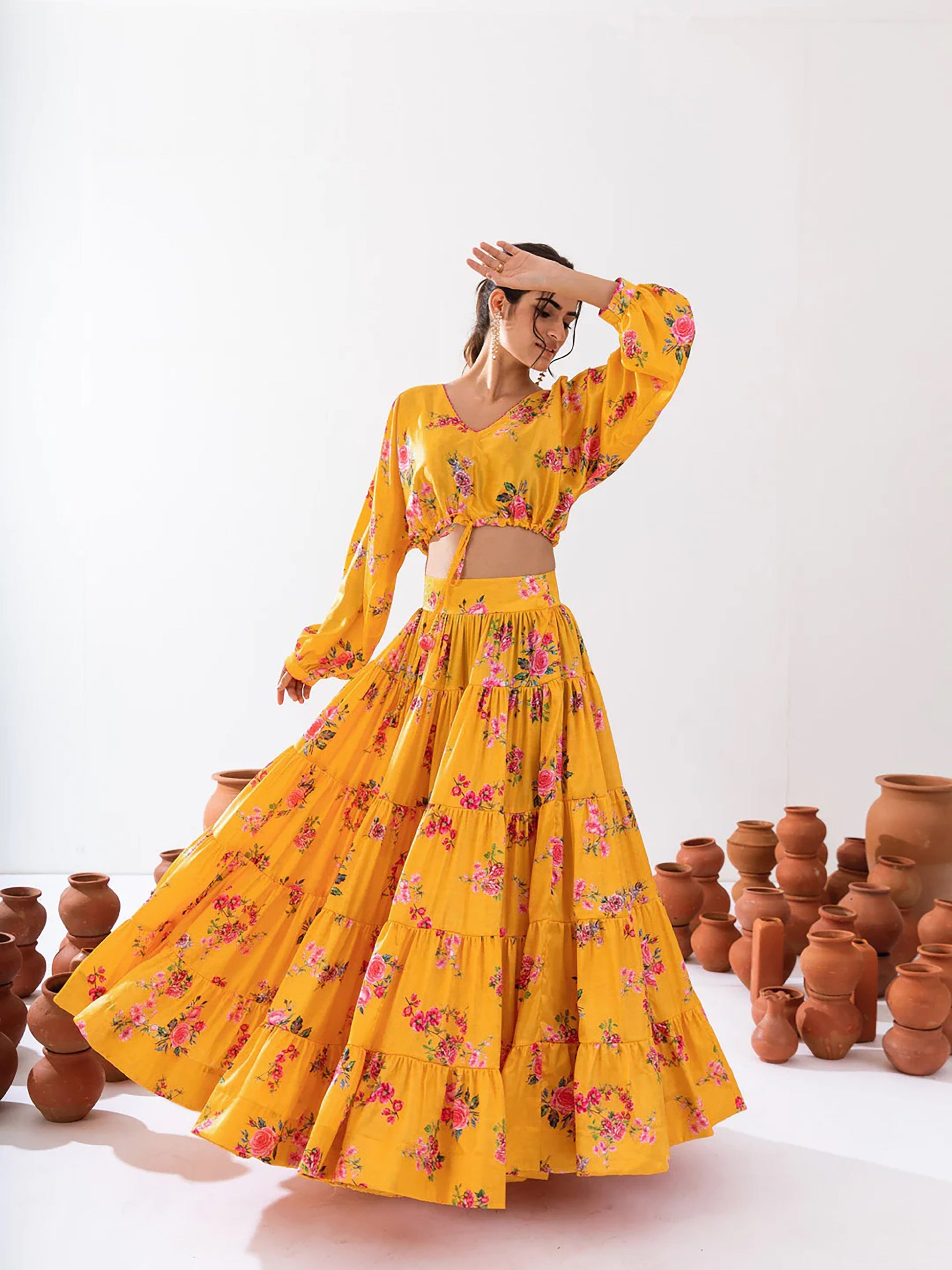 Sonakshi Women's Yellow Air Tex Chinon Digital Printed Lehenga Choli
