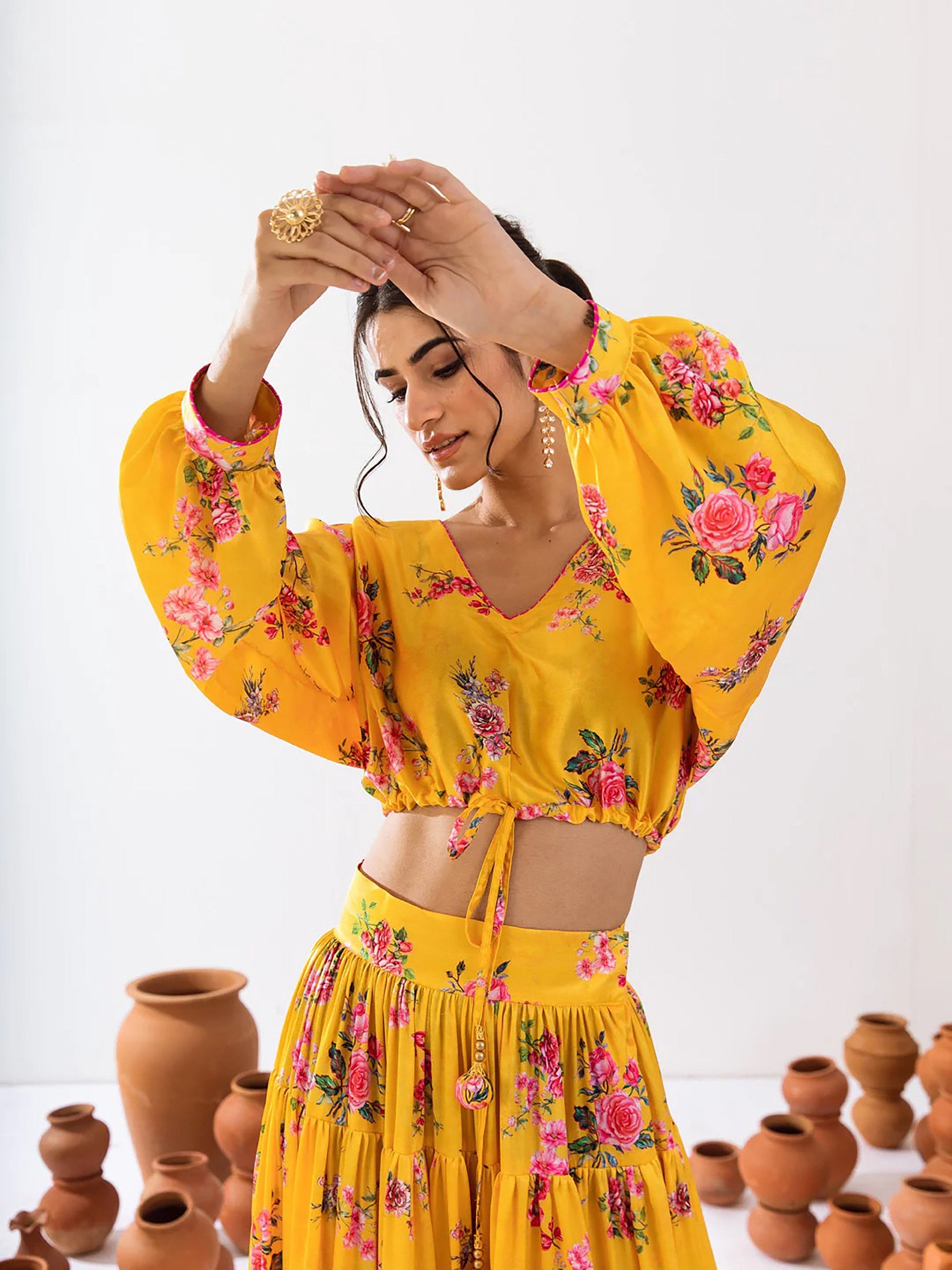 Sonakshi Women's Yellow Air Tex Chinon Digital Printed Lehenga Choli