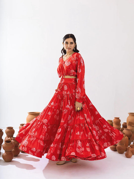 Sonakshi Women's Red Air Tex Chinon Digital Printed Lehenga Choli