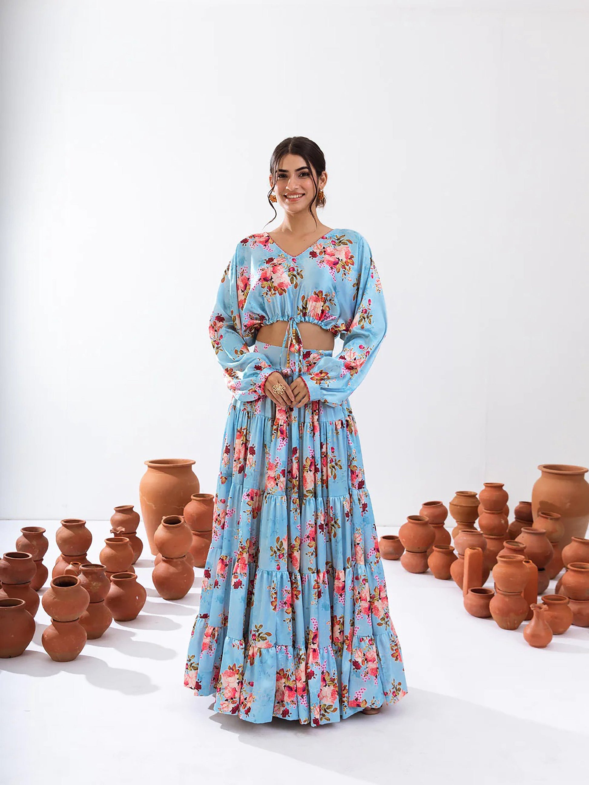 Sonakshi Women's Turquoise Blue Air Tex Chinon Digital Printed Lehenga Choli