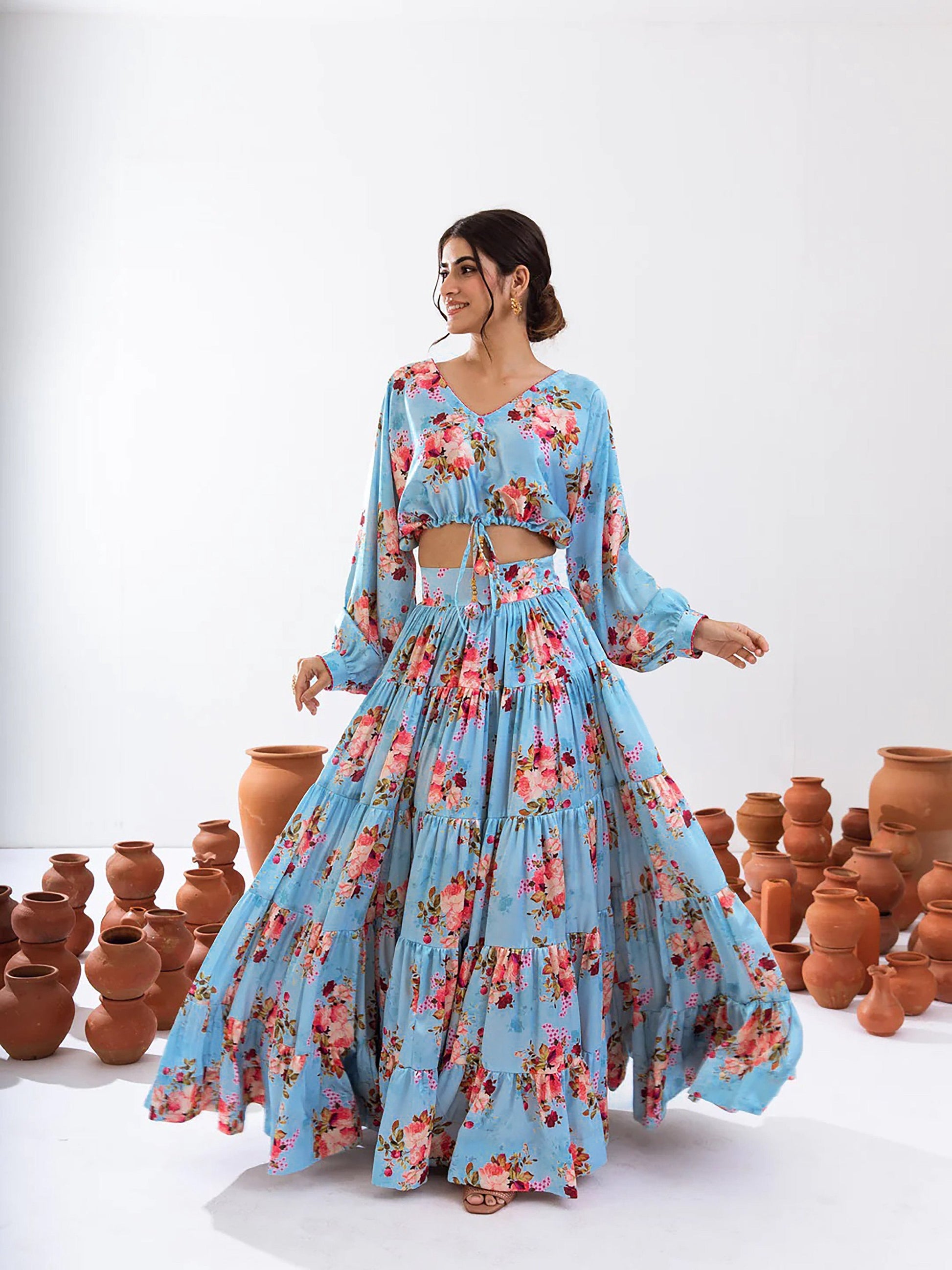 Sonakshi Women's Turquoise Blue Air Tex Chinon Digital Printed Lehenga Choli