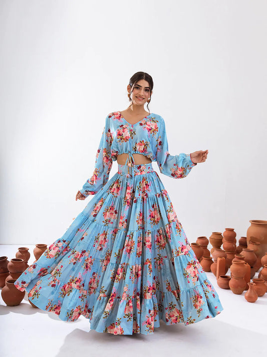 Sonakshi Women's Turquoise Blue Air Tex Chinon Digital Printed Lehenga Choli
