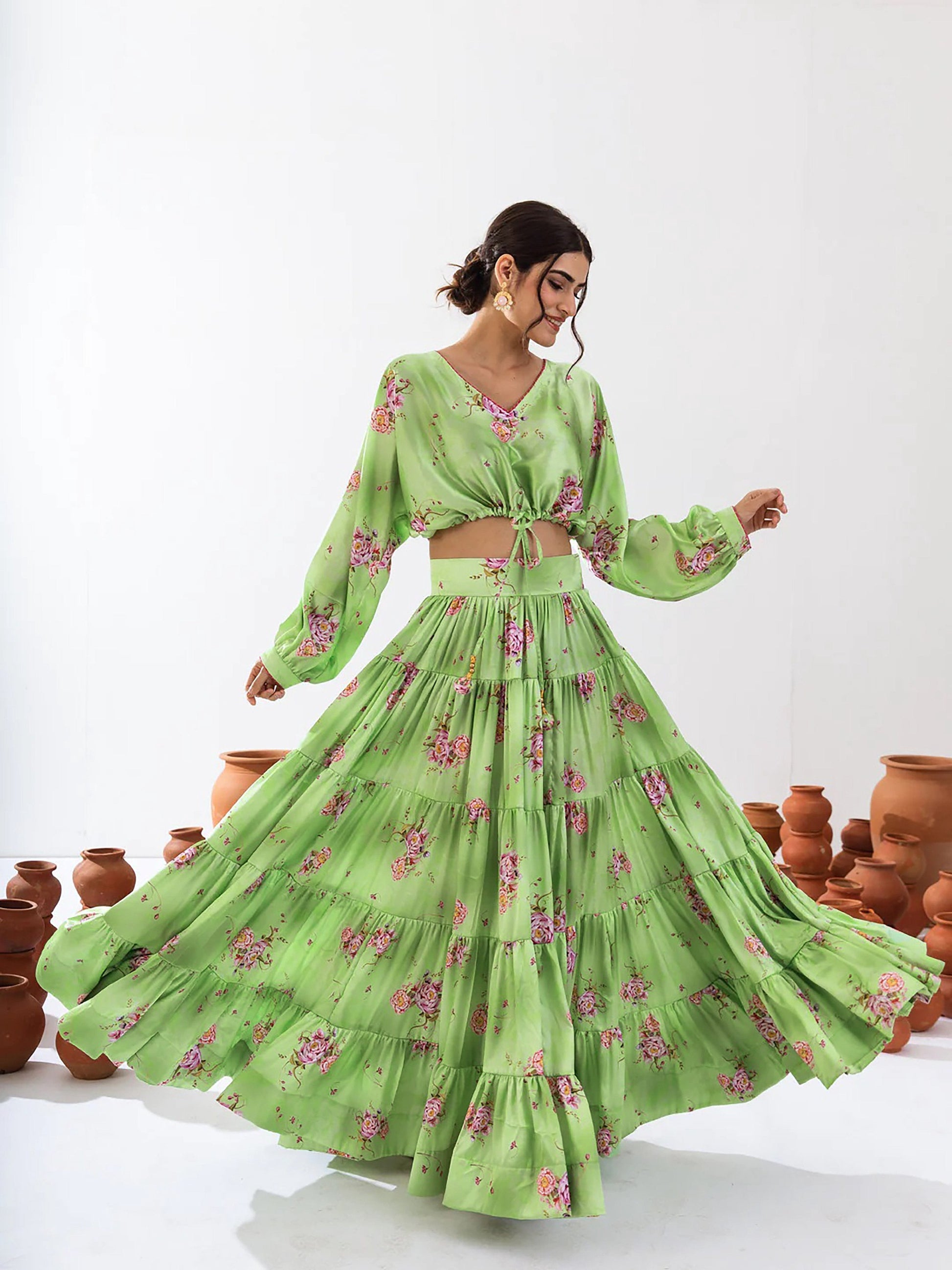 Sonakshi Women's Pista Air Tex Chinon Digital Printed Lehenga Choli