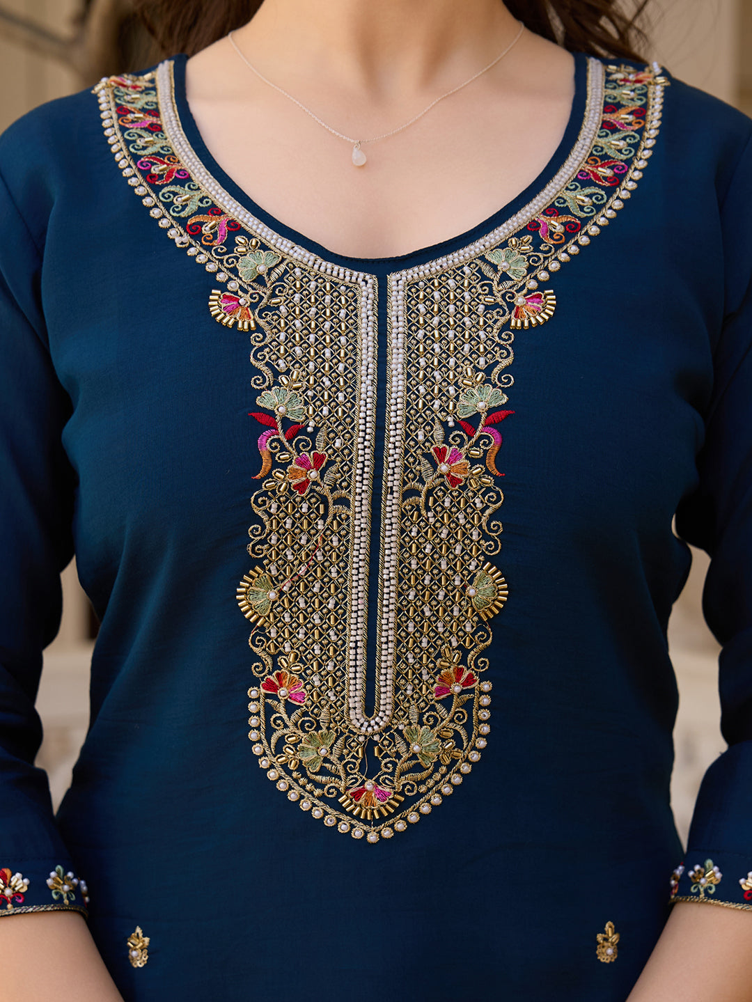 Sonakshi Women's Navy Blue Viscose Chanderi Embroidered Beads Kurta Set with Dupatta