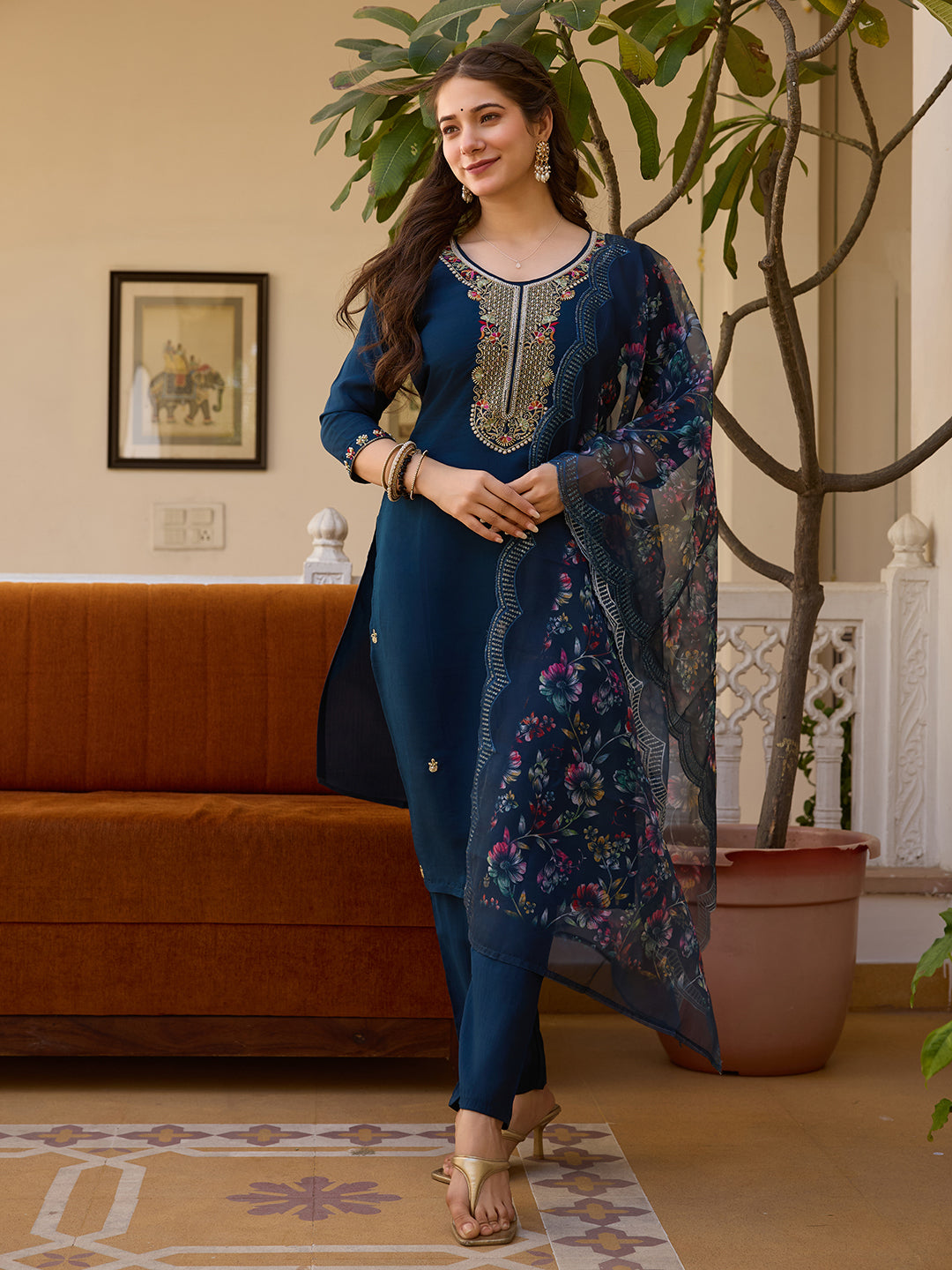Sonakshi Women's Navy Blue Viscose Chanderi Embroidered Beads Kurta Set with Dupatta