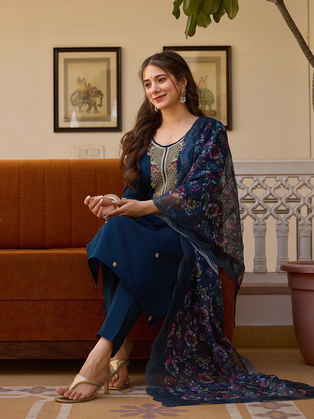 Sonakshi Women's Navy Blue Viscose Chanderi Embroidered Beads Kurta Set with Dupatta
