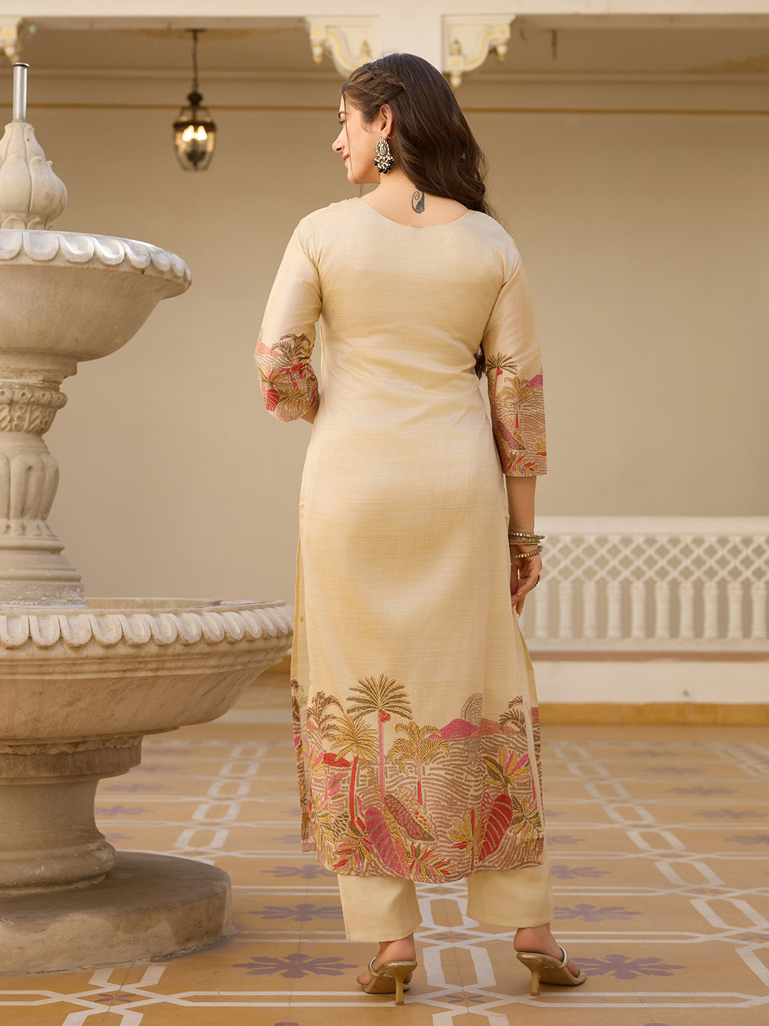 Sonakshi Women's Biscuit Viscose Assam Silk Embroidered Beads Kurta Set with Dupatta