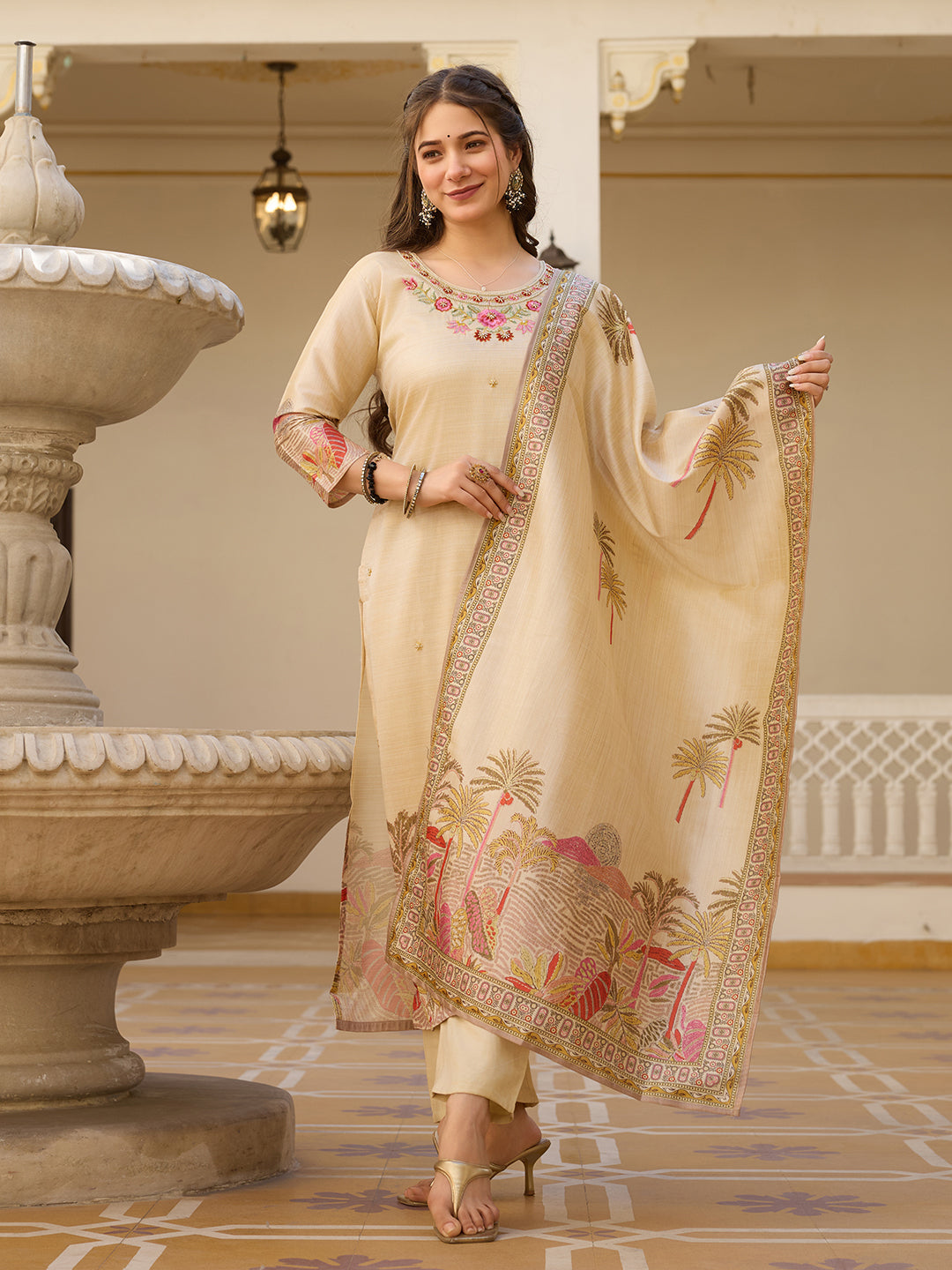 Sonakshi Women's Biscuit Viscose Assam Silk Embroidered Beads Kurta Set with Dupatta