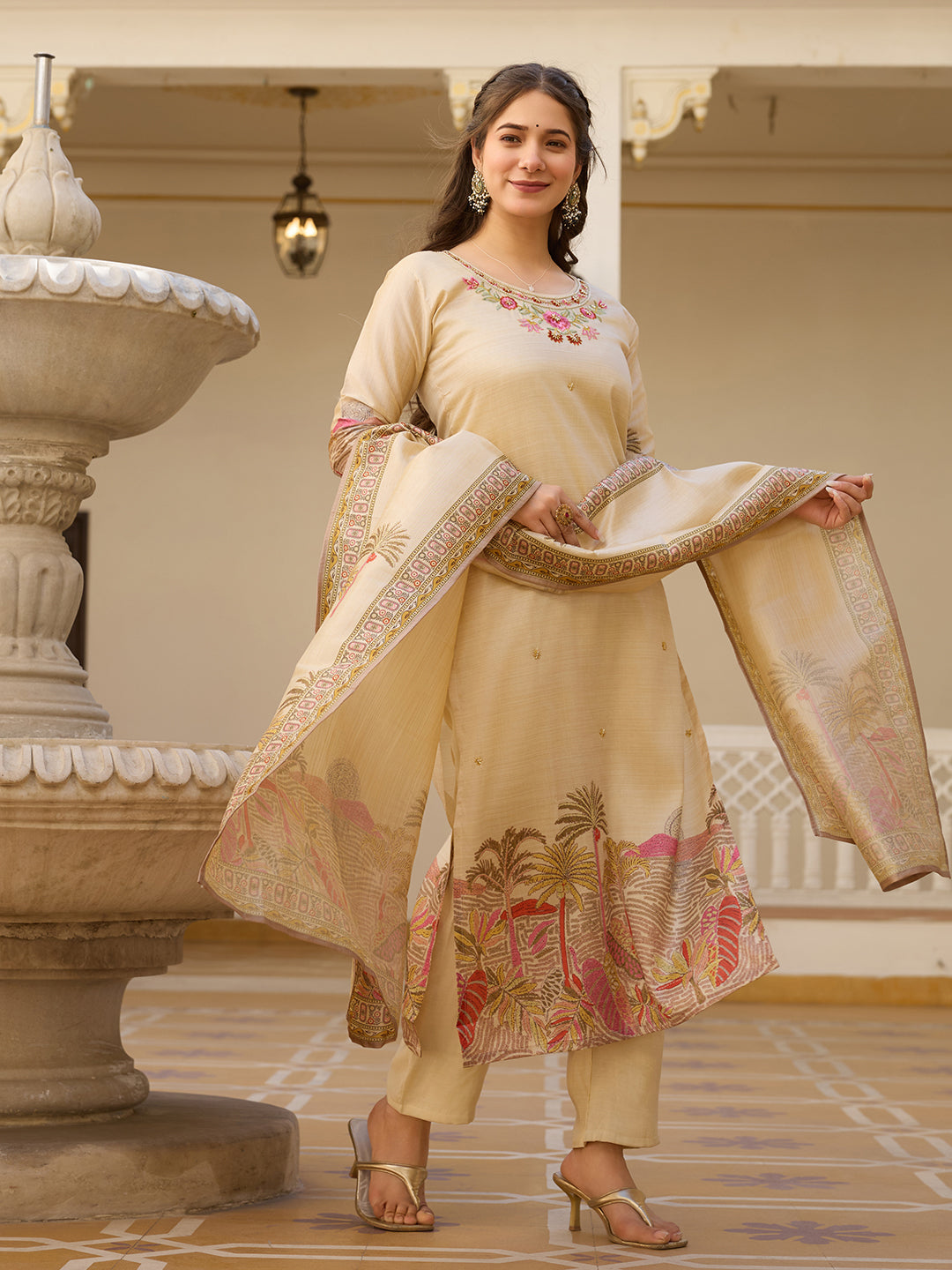 Sonakshi Women's Biscuit Viscose Assam Silk Embroidered Beads Kurta Set with Dupatta