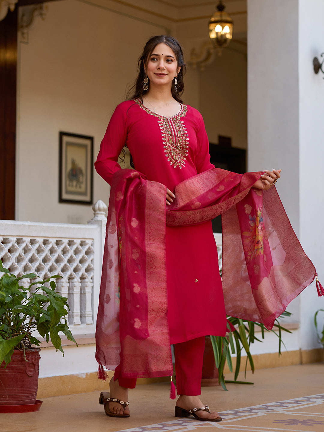 Sonakshi Women's Maharani Viscose Chanderi Embroidered Beads Kurta Set with Dupatta
