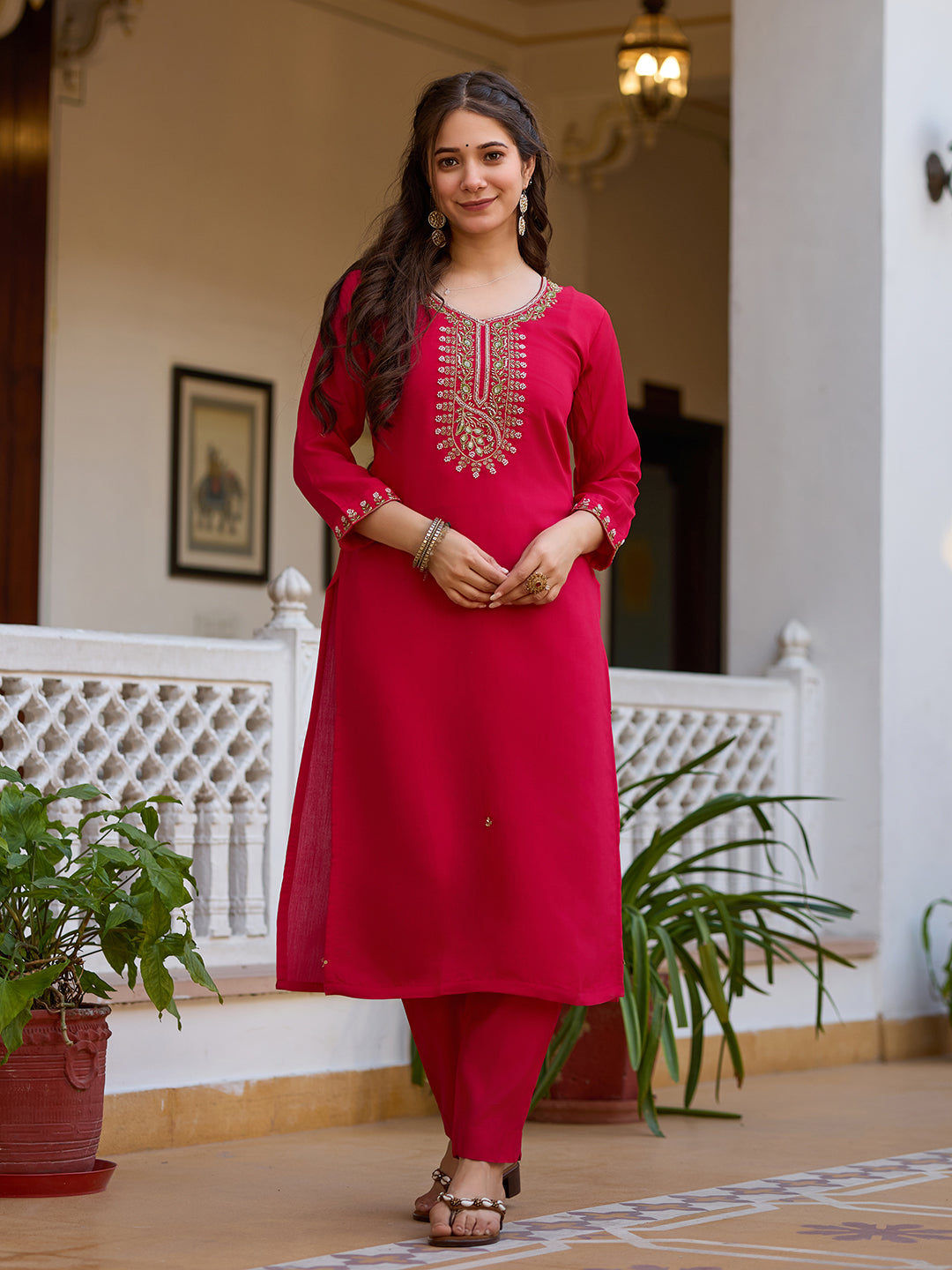 Sonakshi Women's Maharani Viscose Chanderi Embroidered Beads Kurta Set with Dupatta