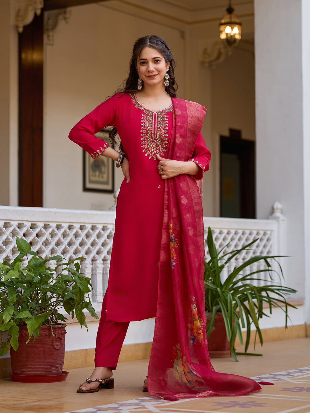 Sonakshi Women's Maharani Viscose Chanderi Embroidered Beads Kurta Set with Dupatta