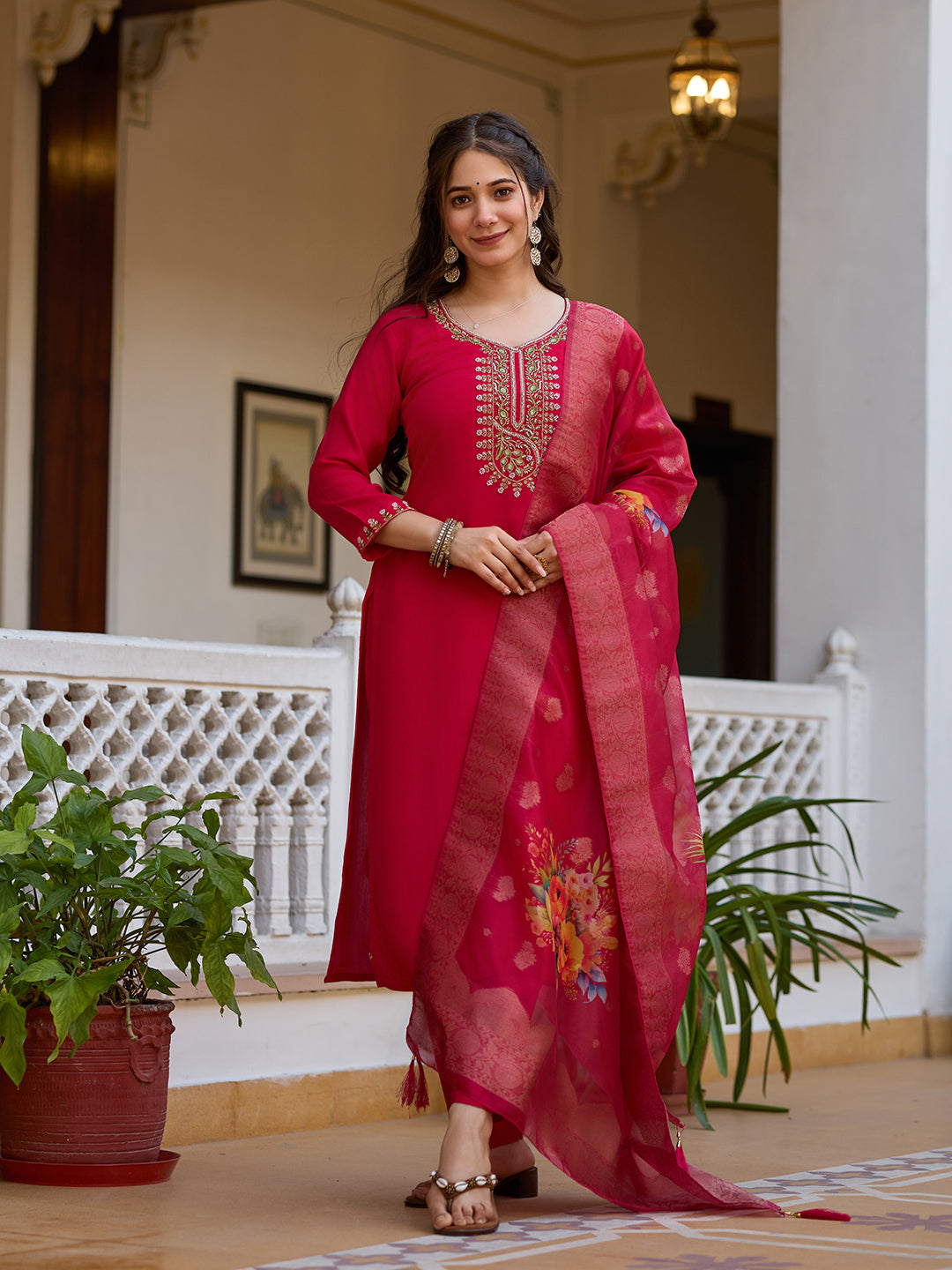 Sonakshi Women's Maharani Viscose Chanderi Embroidered Beads Kurta Set with Dupatta