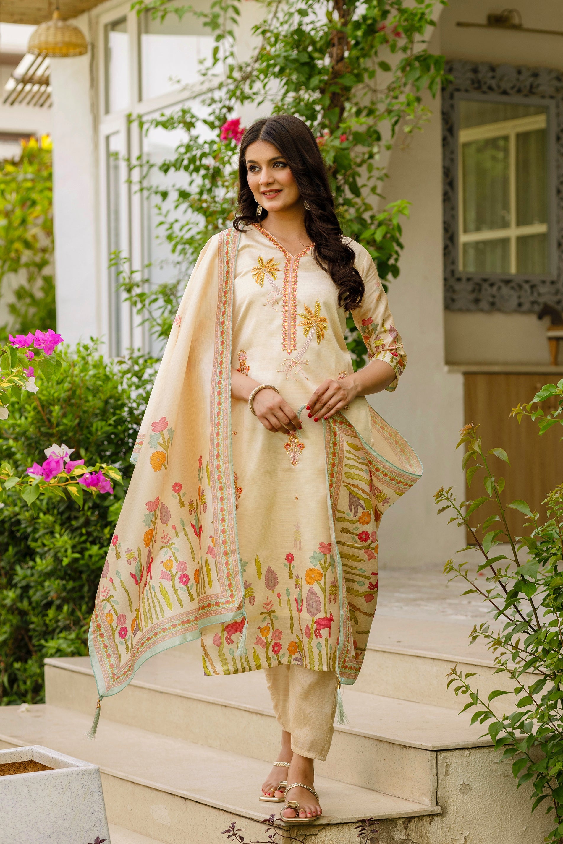 Sonakshi Women's Cream Viscose Assam Silk Embroidered Beads Kurta Set with Dupatta