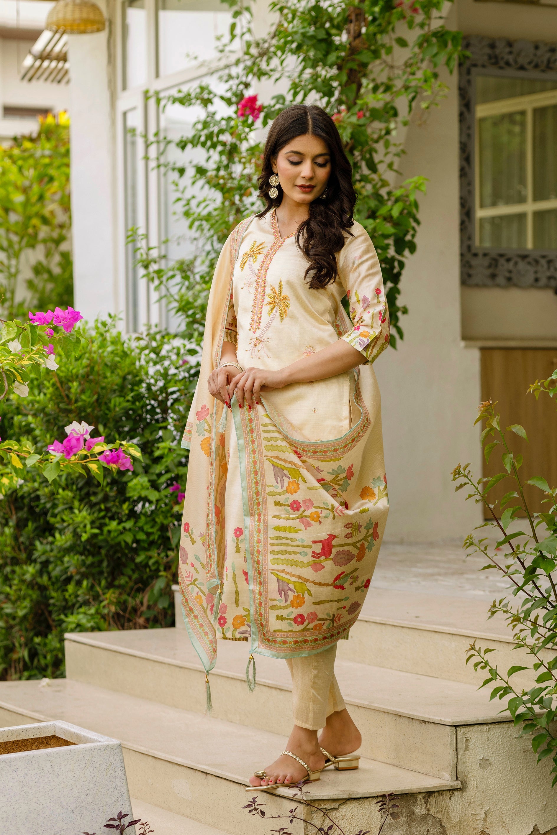Sonakshi Women's Cream Viscose Assam Silk Embroidered Beads Kurta Set with Dupatta