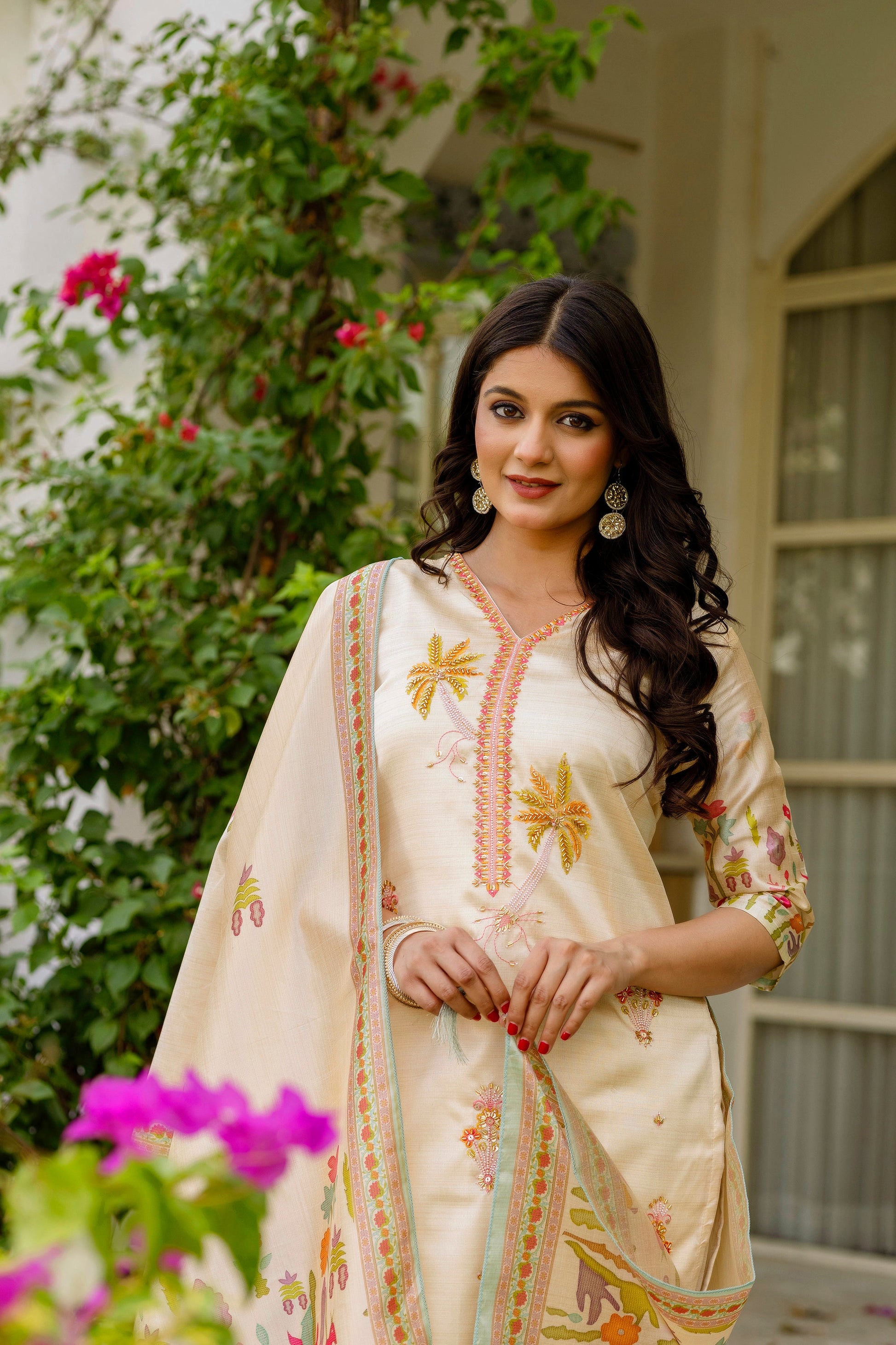 Sonakshi Women's Cream Viscose Assam Silk Embroidered Beads Kurta Set with Dupatta