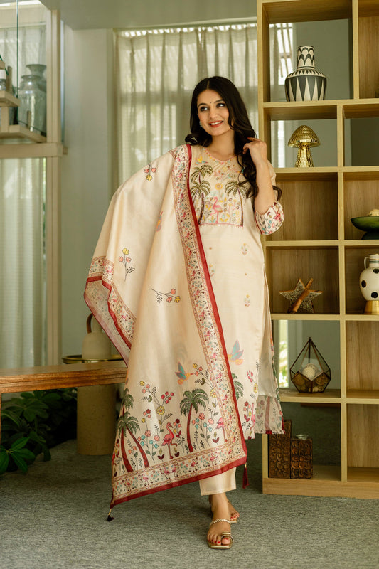 Sonakshi Women's Chandan Viscose Assam Silk Embroidered Beads Kurta Set with Dupatta