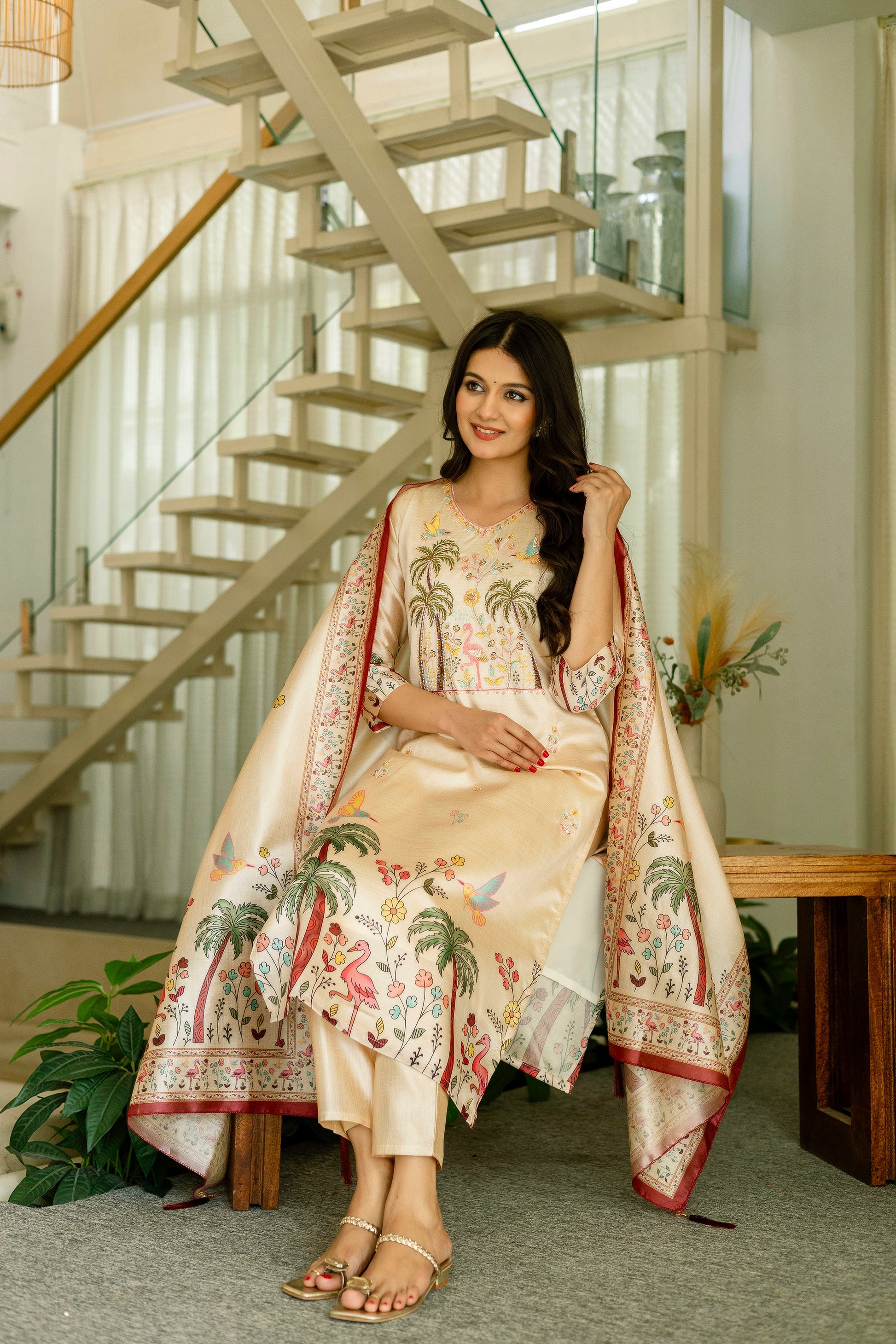 Sonakshi Women's Chandan Viscose Assam Silk Embroidered Beads Kurta Set with Dupatta