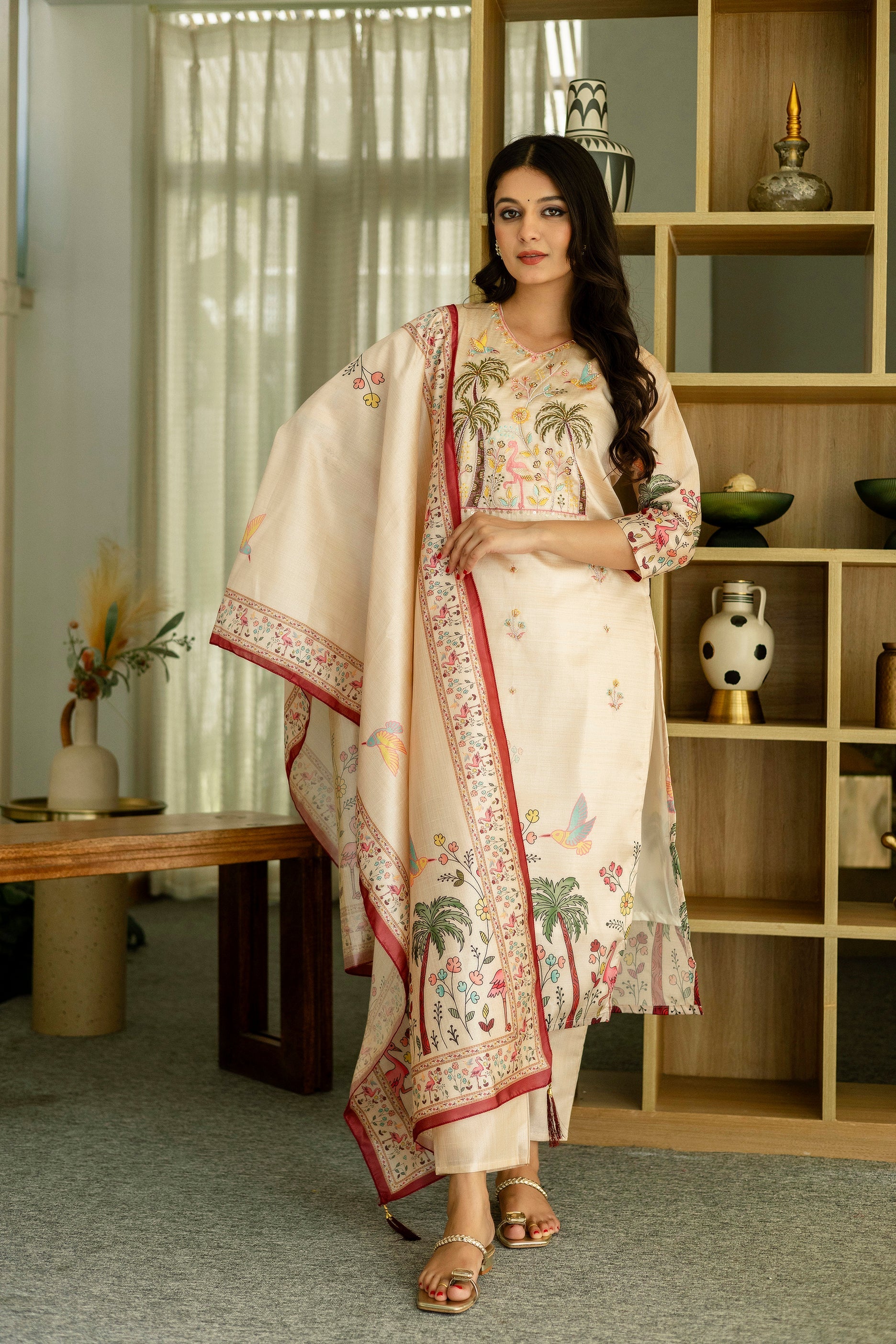 Sonakshi Women's Chandan Viscose Assam Silk Embroidered Beads Kurta Set with Dupatta