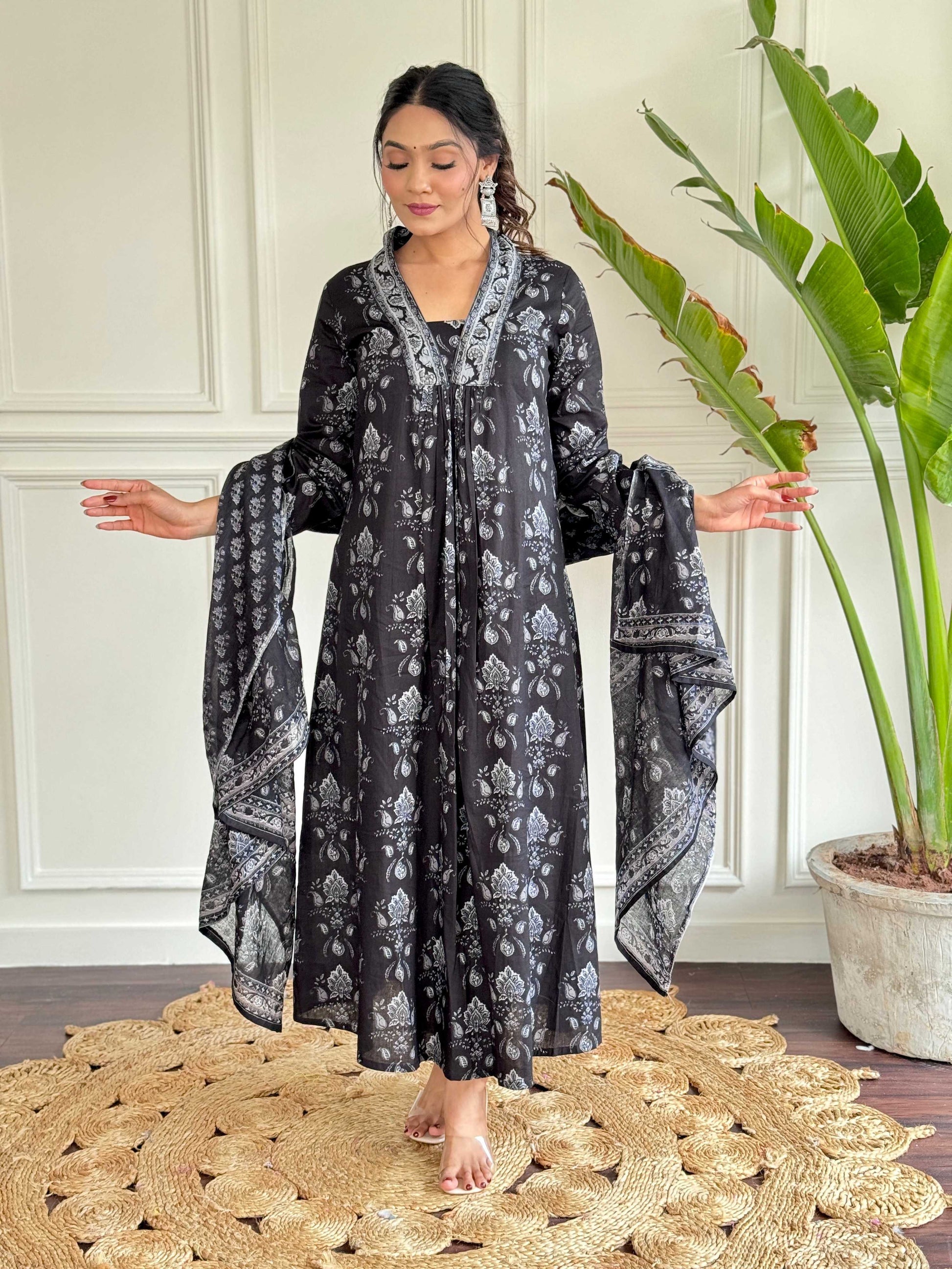 Sonakshi Women's Black Pure Cotton Kurta Set With Dupatta