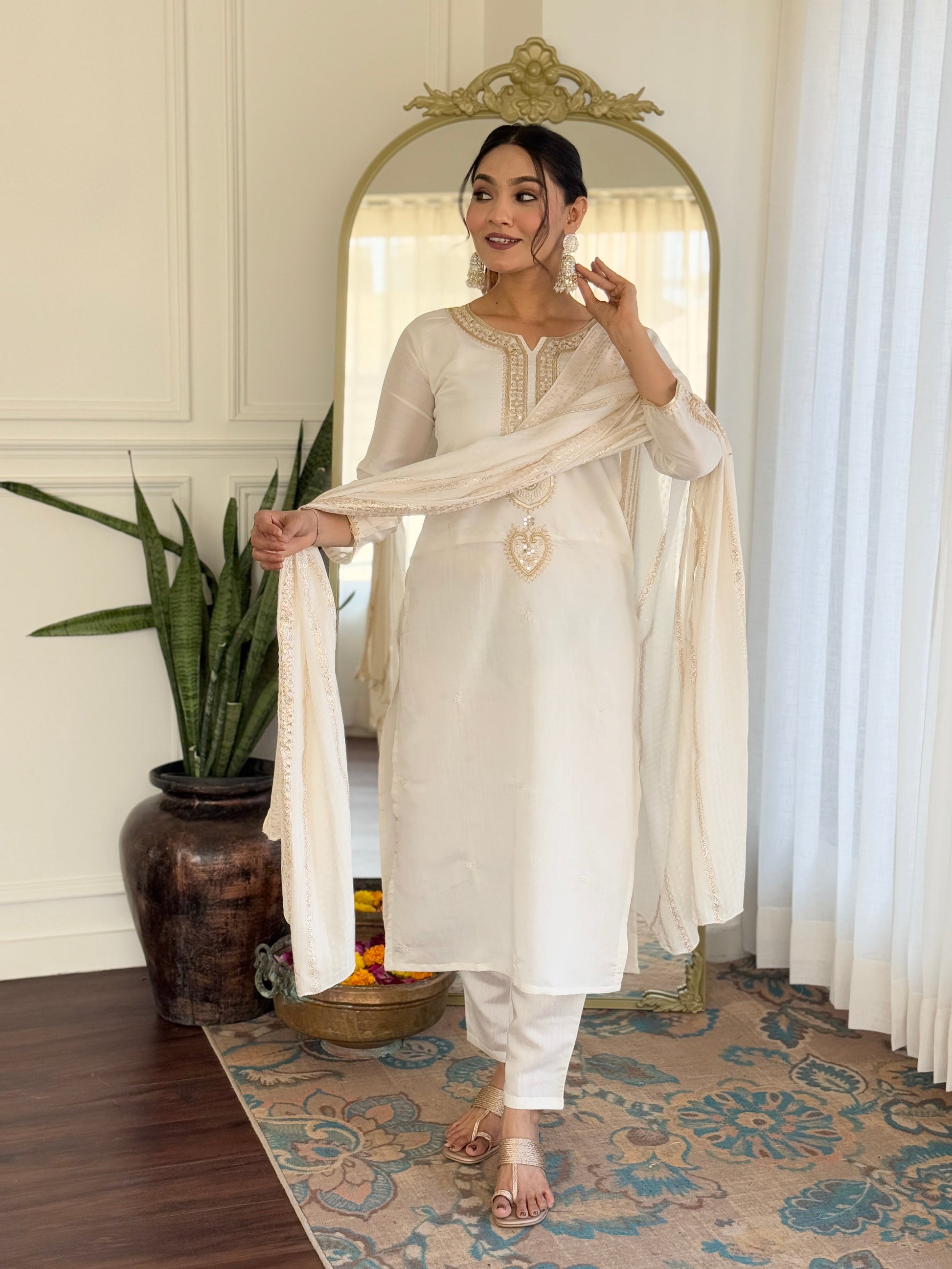 Sonakshi Women's Cream Viscose Chanderi Kurta Set with Dupatta