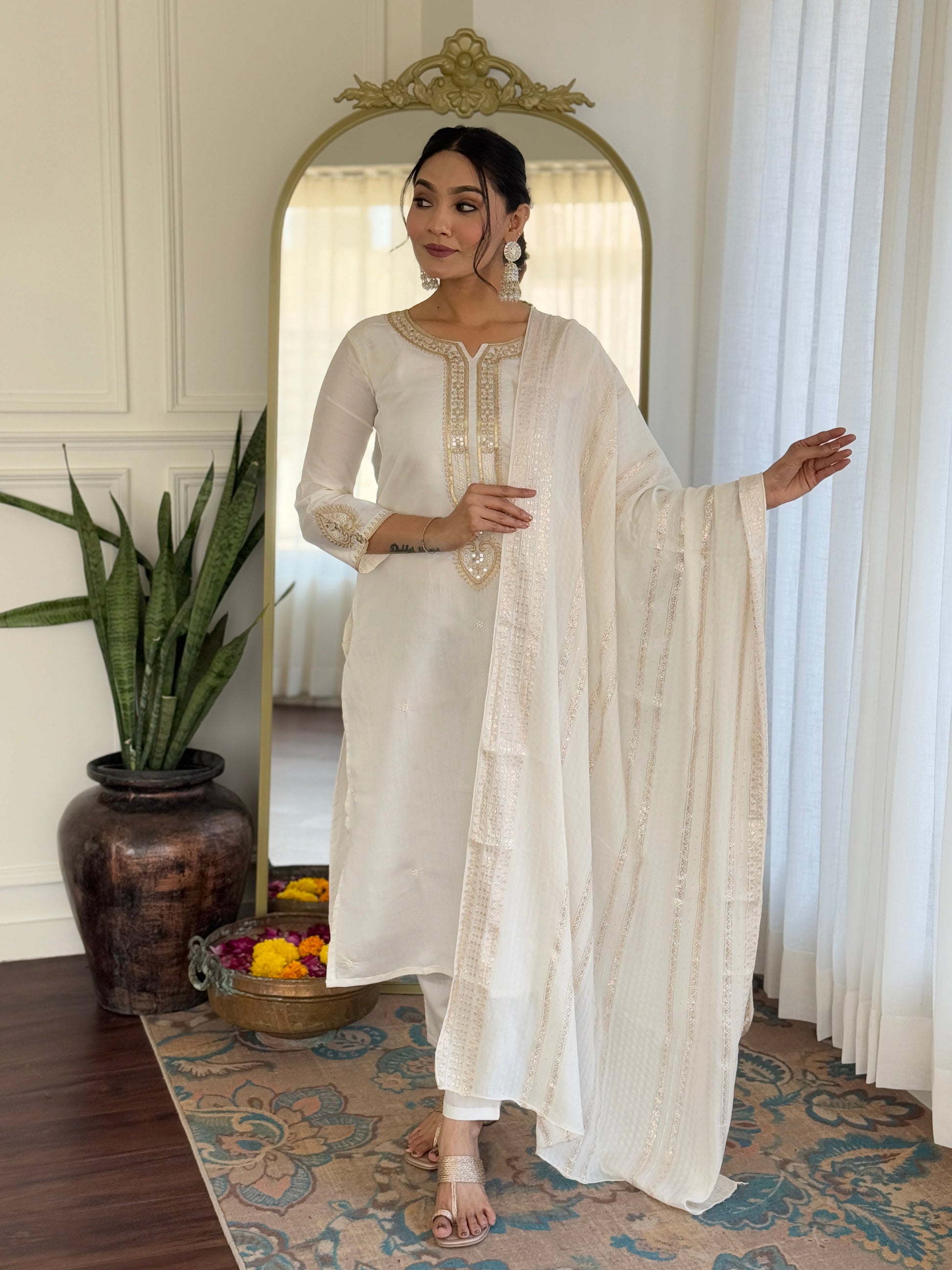 Sonakshi Women's Cream Viscose Chanderi Kurta Set with Dupatta