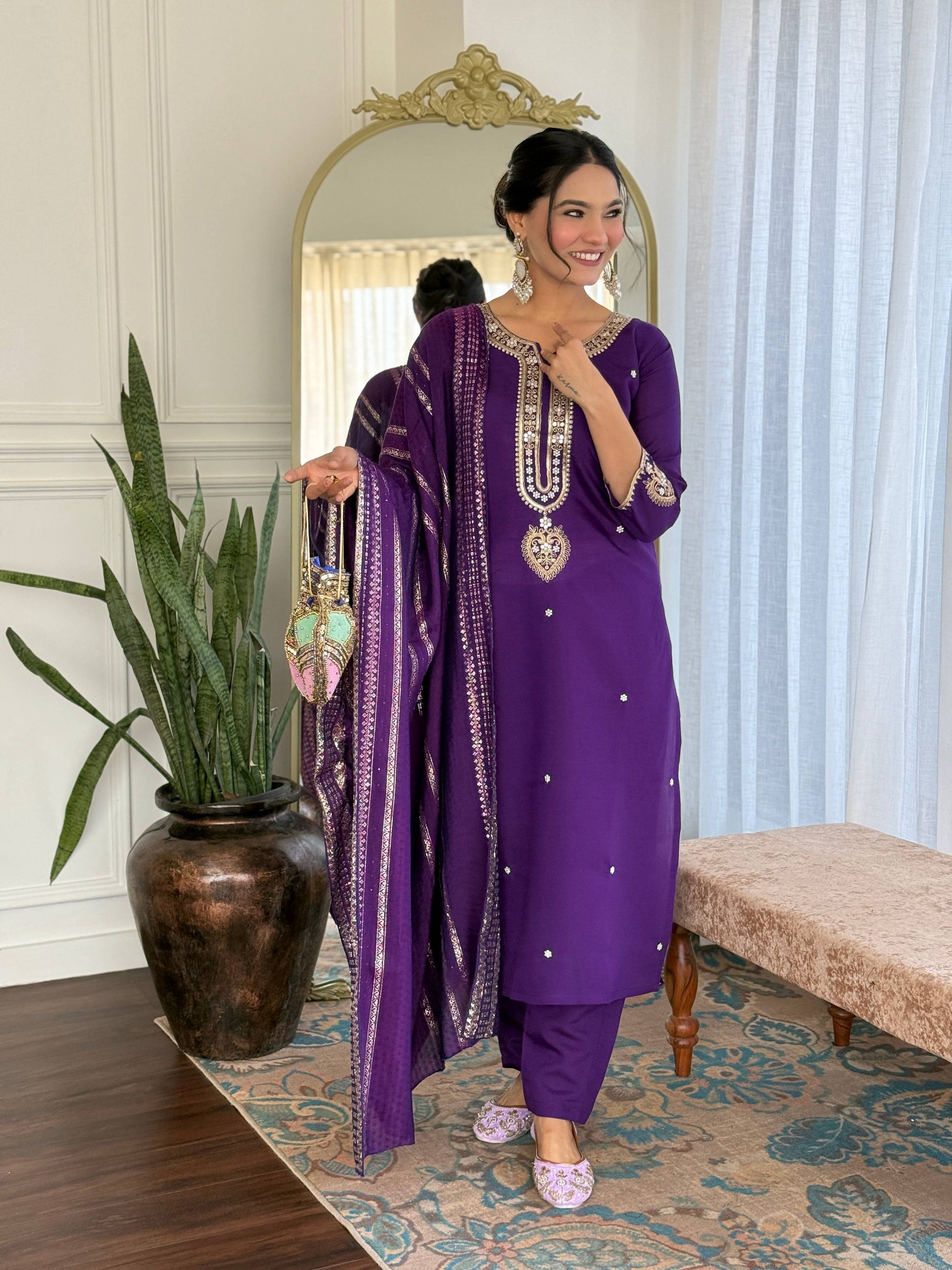 Sonakshi Women's Purple Viscose Chanderi Kurta Set with Dupatta