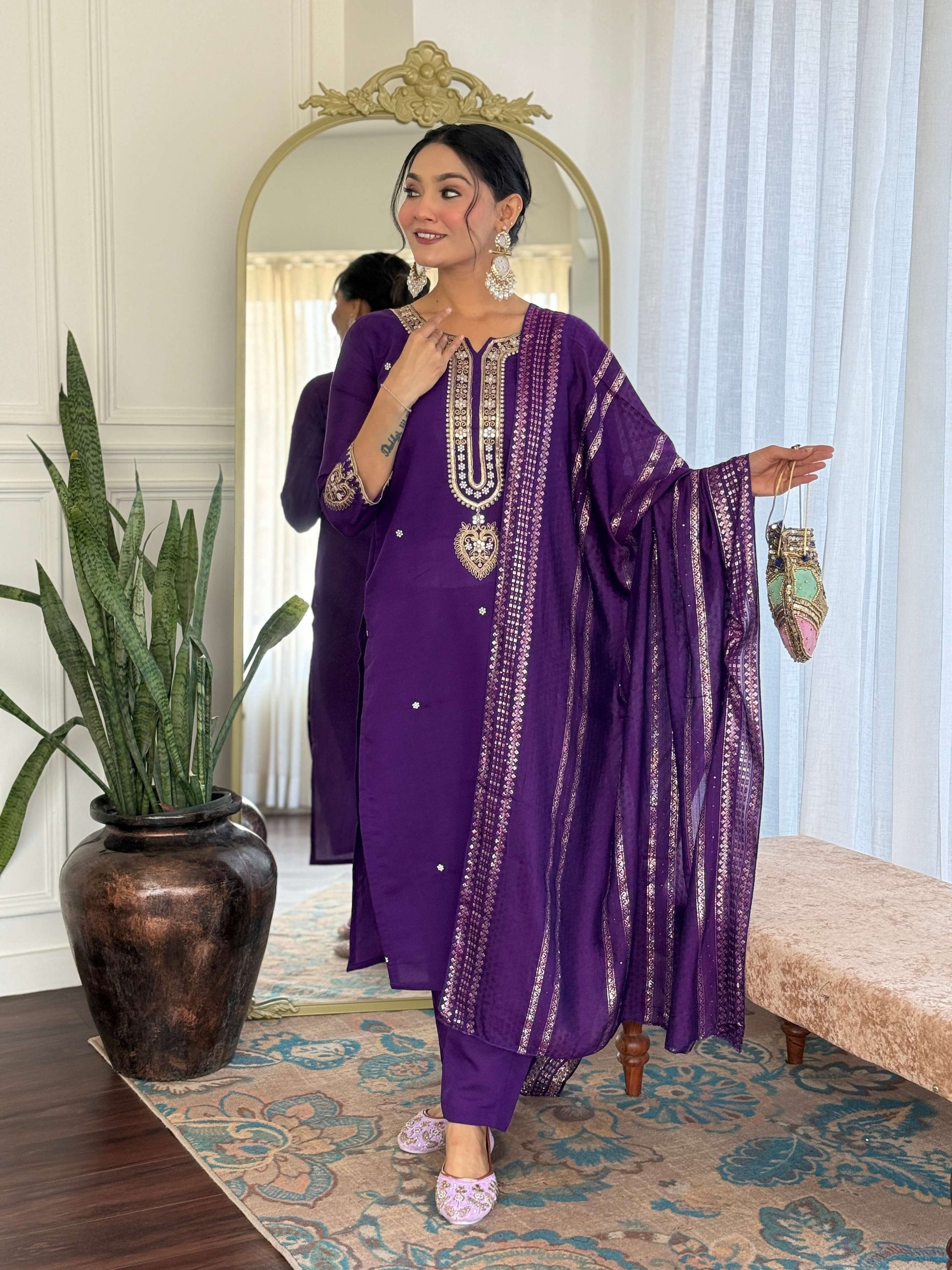 Sonakshi Women's Purple Viscose Chanderi Kurta Set with Dupatta
