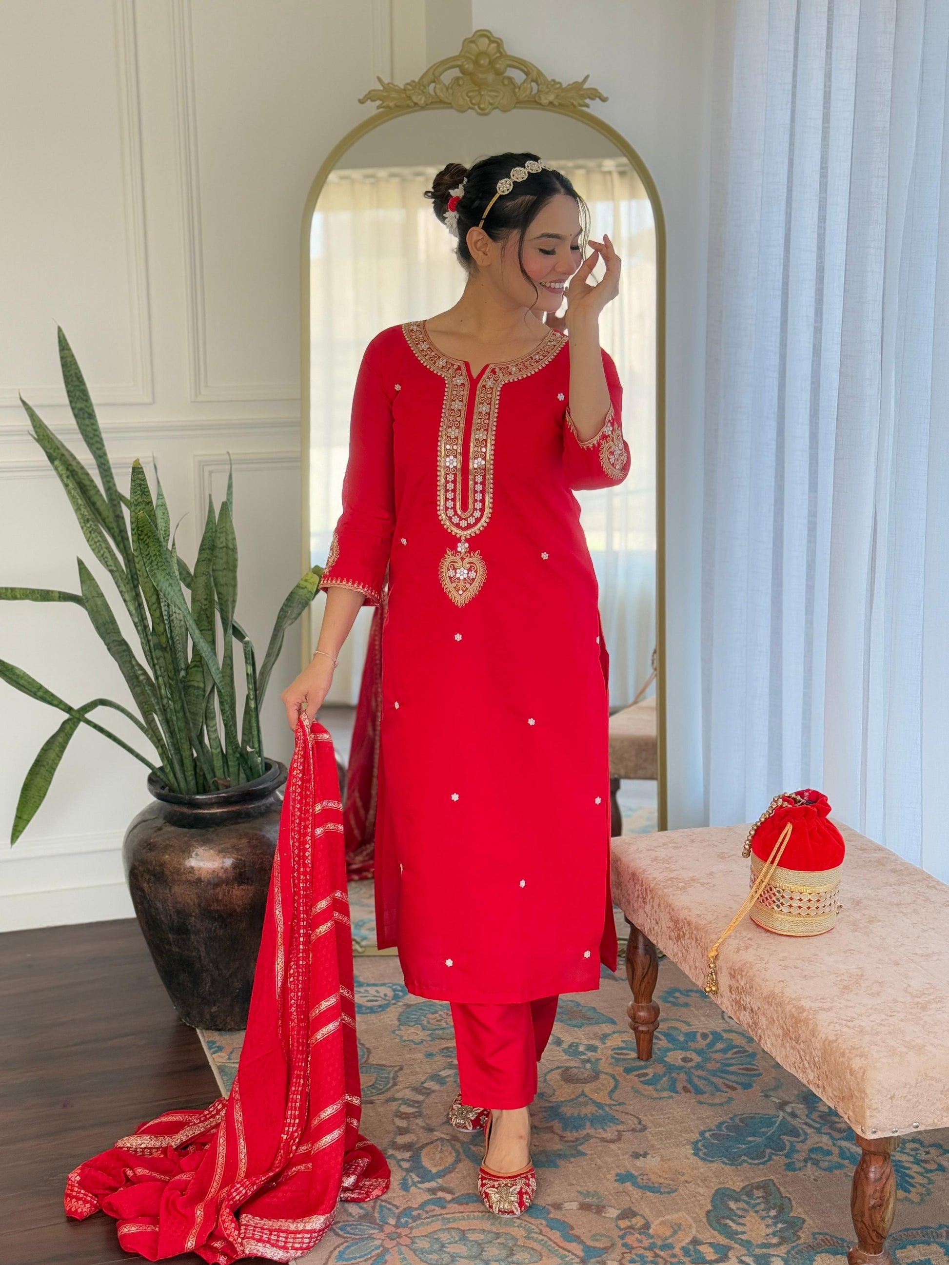 Sonakshi Women's Red Viscose Chanderi Kurta Set with Dupatta