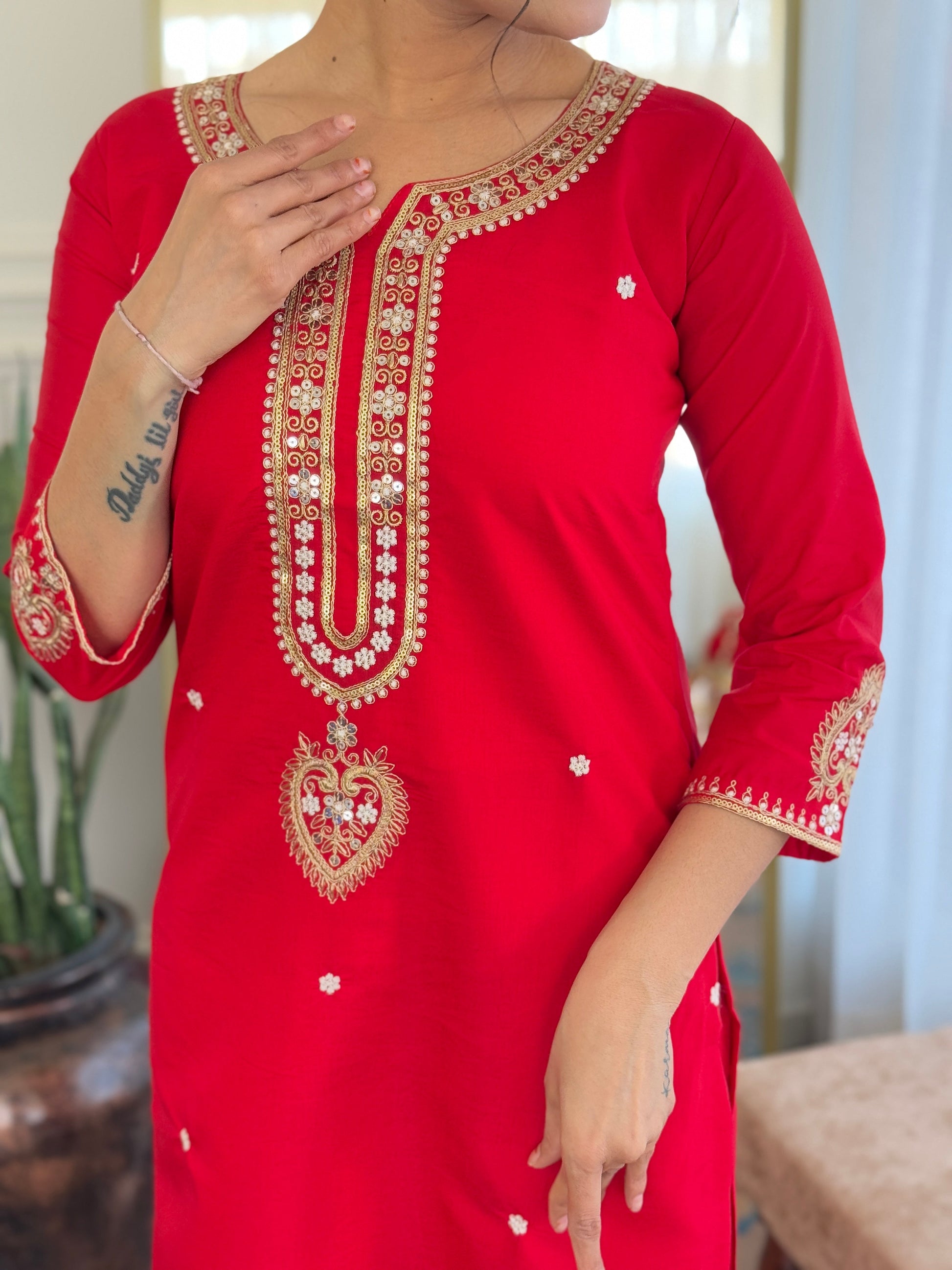 Sonakshi Women's Red Viscose Chanderi Kurta Set with Dupatta