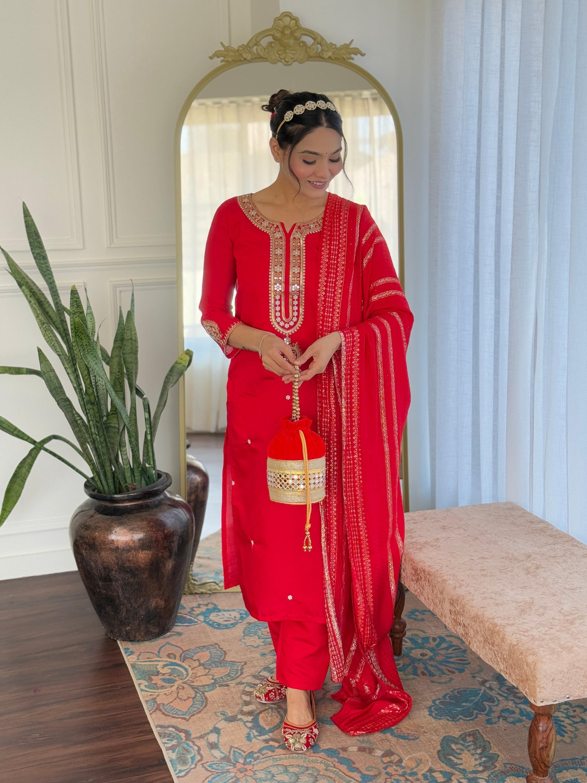 Sonakshi Women's Red Viscose Chanderi Kurta Set with Dupatta