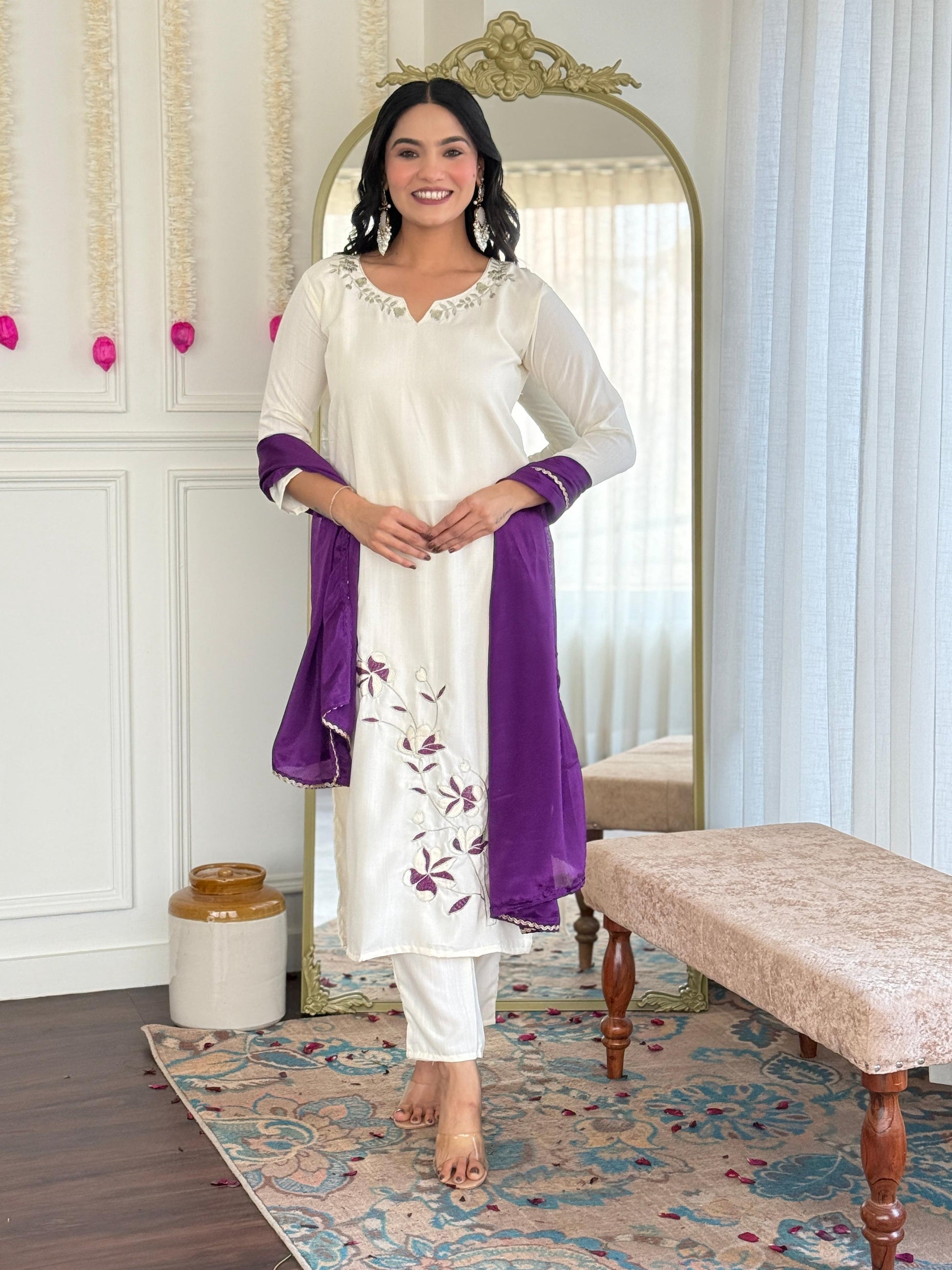 Sonakshi Women's Off White Viscose Rayon Kurta Set with Dupatta