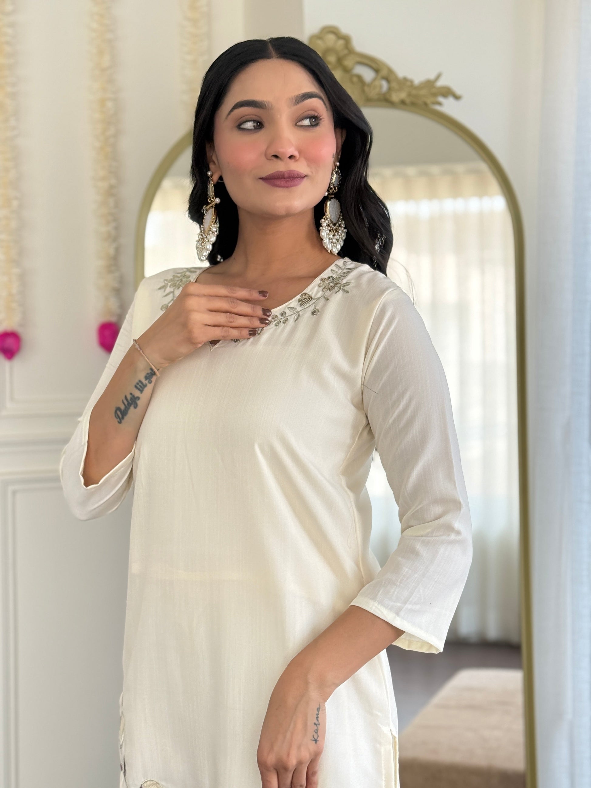 Sonakshi Women's Off White Viscose Rayon Kurta Set with Dupatta