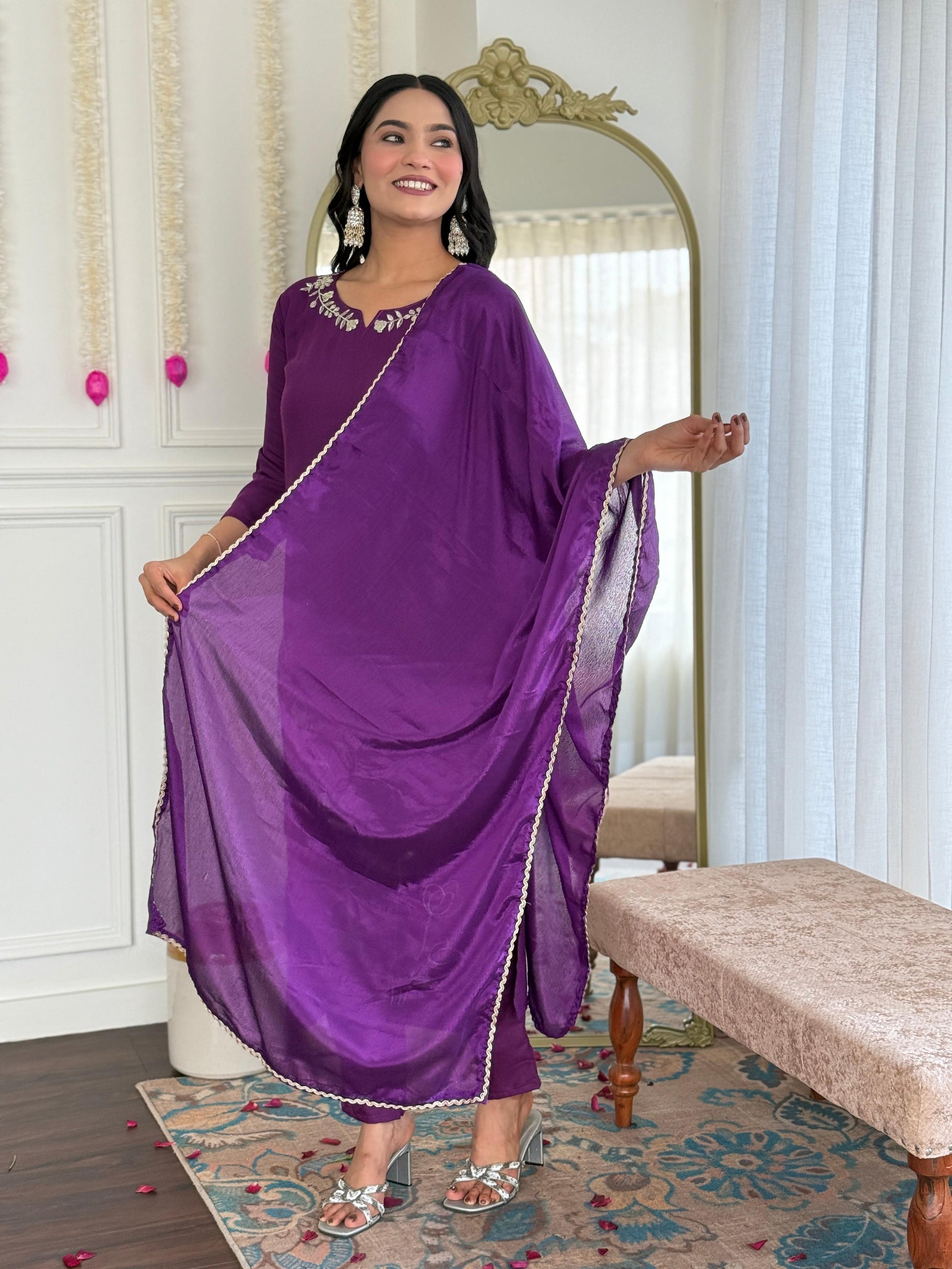 Sonakshi Women's Wine Viscose Rayon Kurta Set with Dupatta