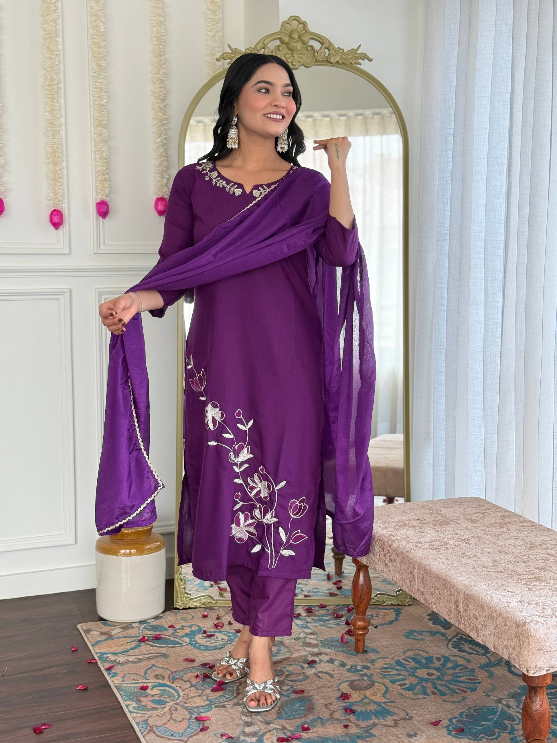 Sonakshi Women's Wine Viscose Rayon Kurta Set with Dupatta