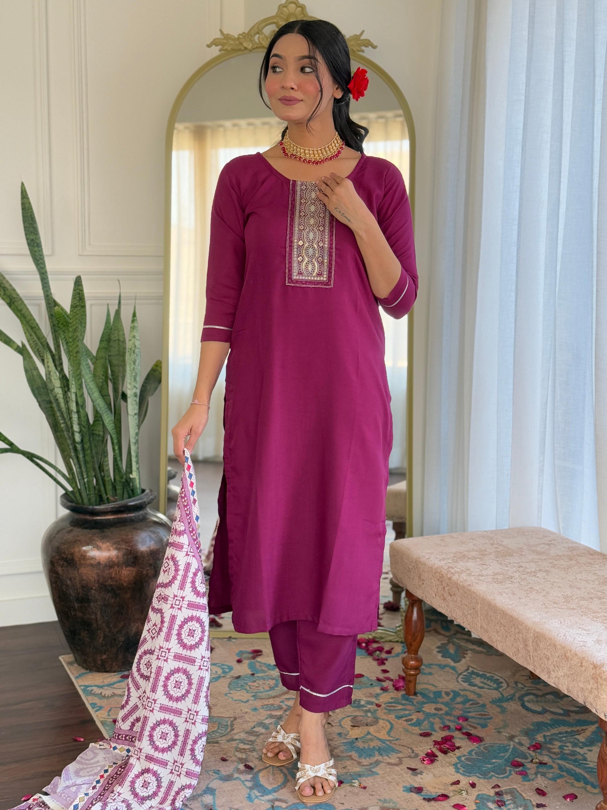 Sonakshi Women's Maroon Rayon Embroidered Kurta Set with Dupatta