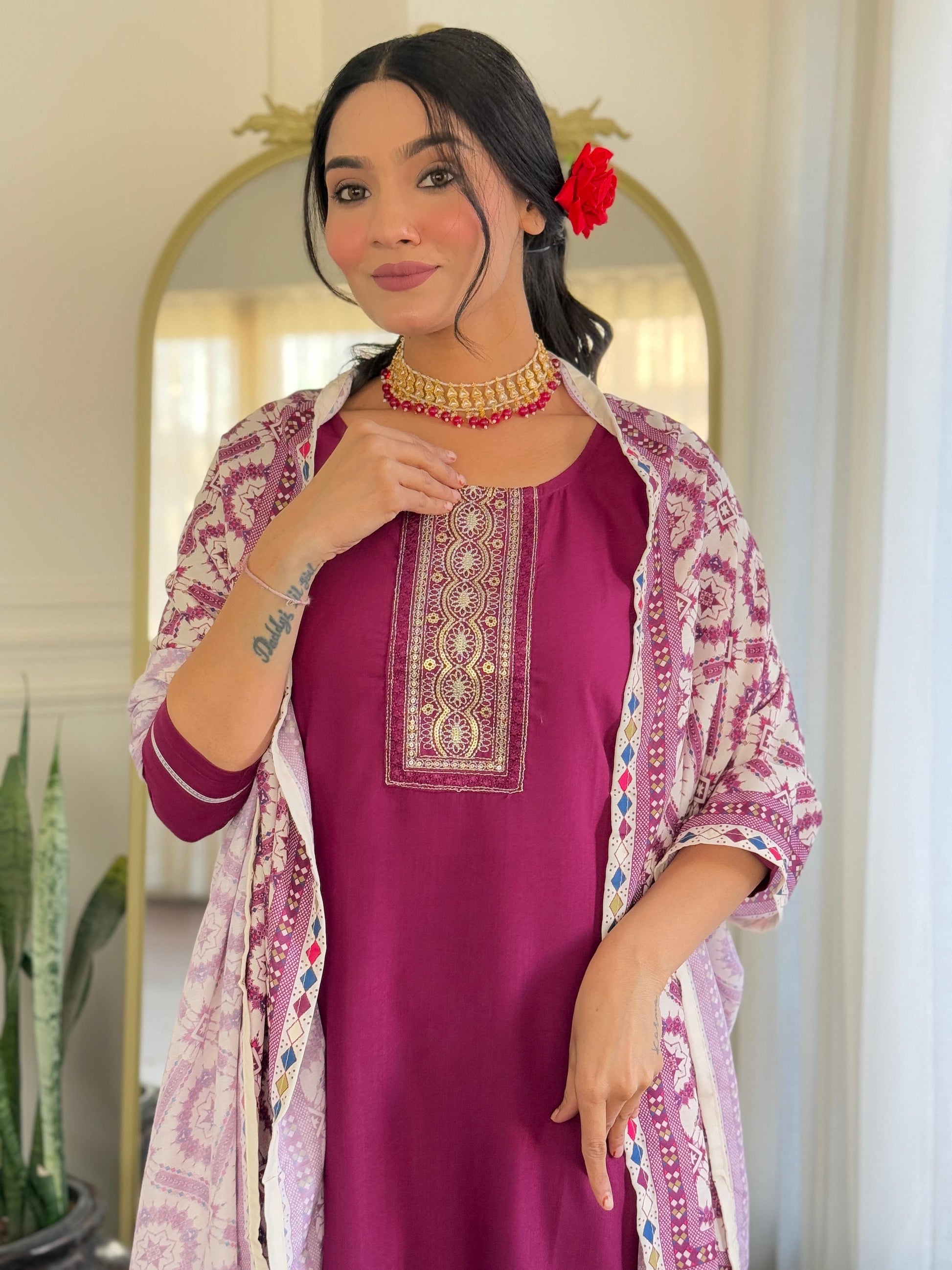 Sonakshi Women's Maroon Rayon Embroidered Kurta Set with Dupatta