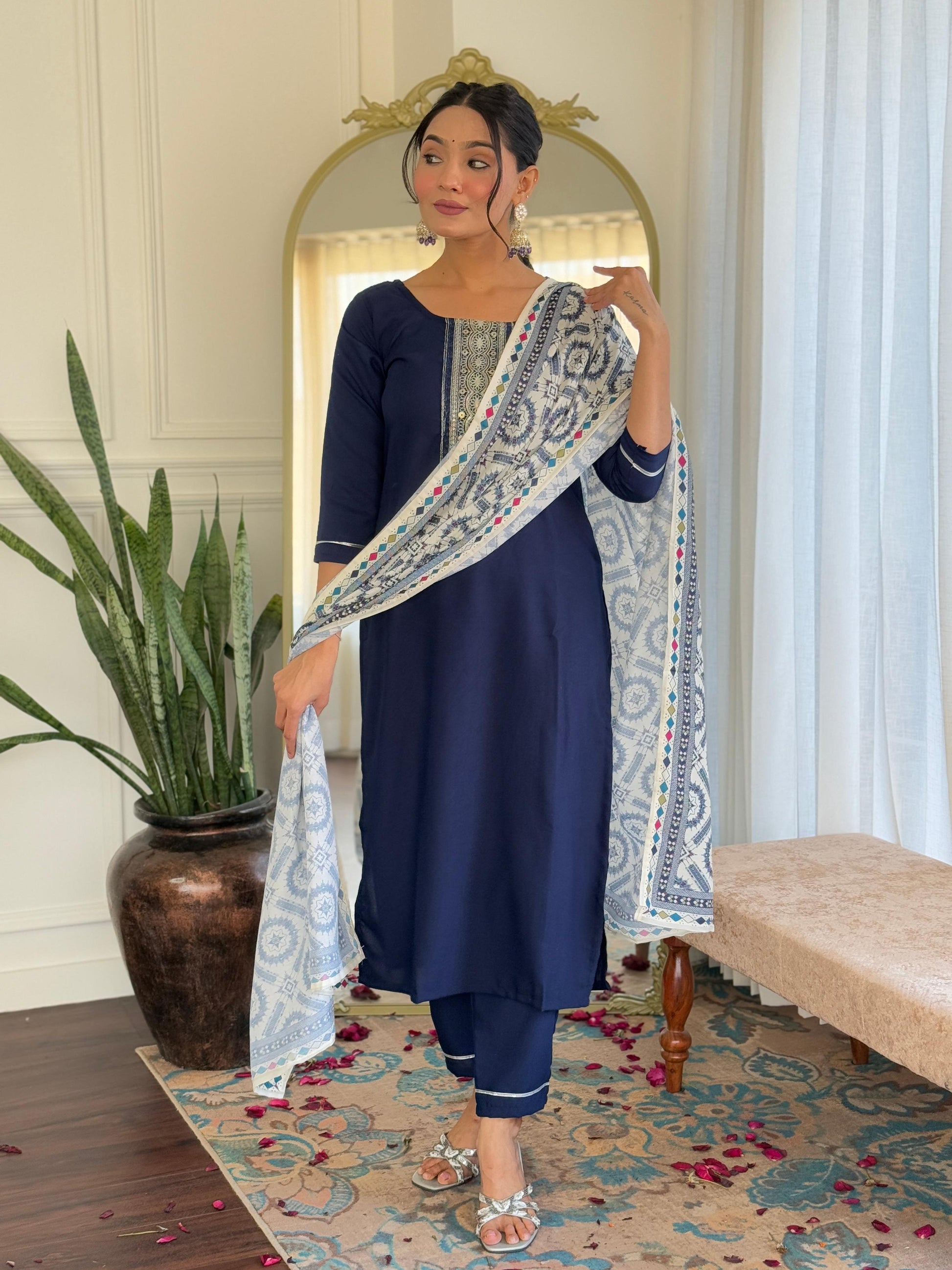 Sonakshi Women's Navy Blue Rayon Embroidered Kurta Set with Dupatta